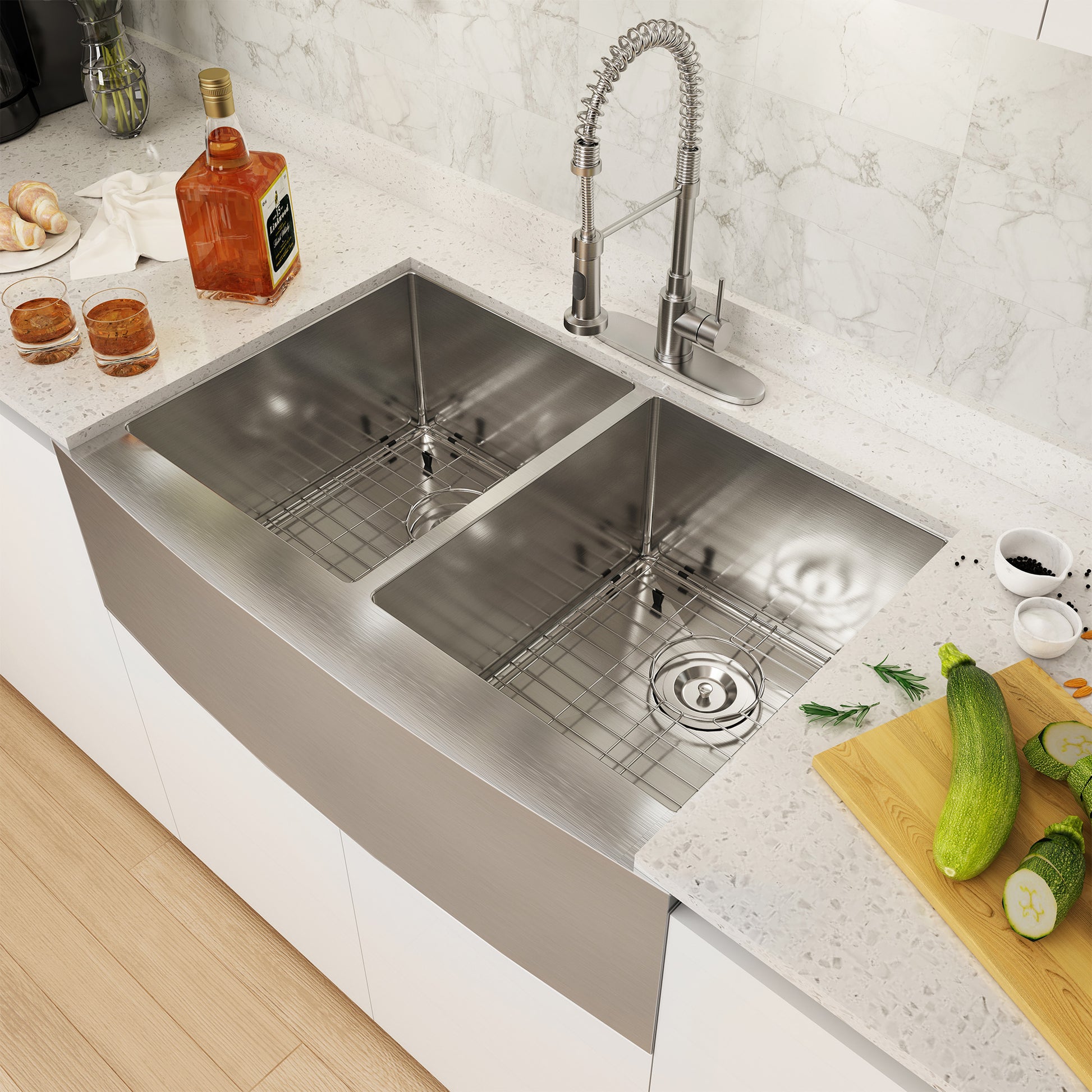 33 Inch Workstation Farmhouse Kitchen Sink Stainless Steel Apron Front Double Bowl Sink Basin