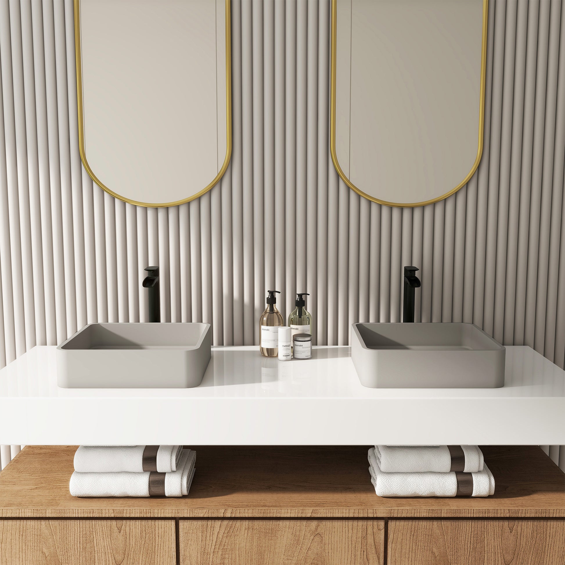 15in Bathroom Concrete Square Vessel Sink with Drainer in Mottled Bluish Grey / Cold Concrete Grey / Taupe Clay