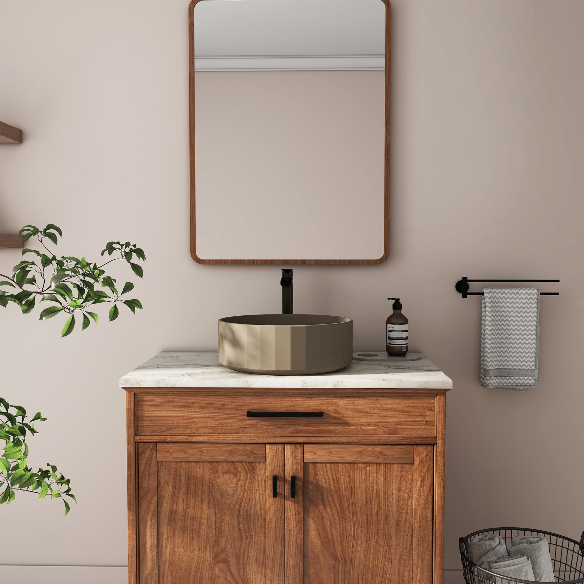 17in Bathroom Concrete Round Vessel Sink with Drainer in Black Earth / Mottled Bluish Grey / Taupe Clay