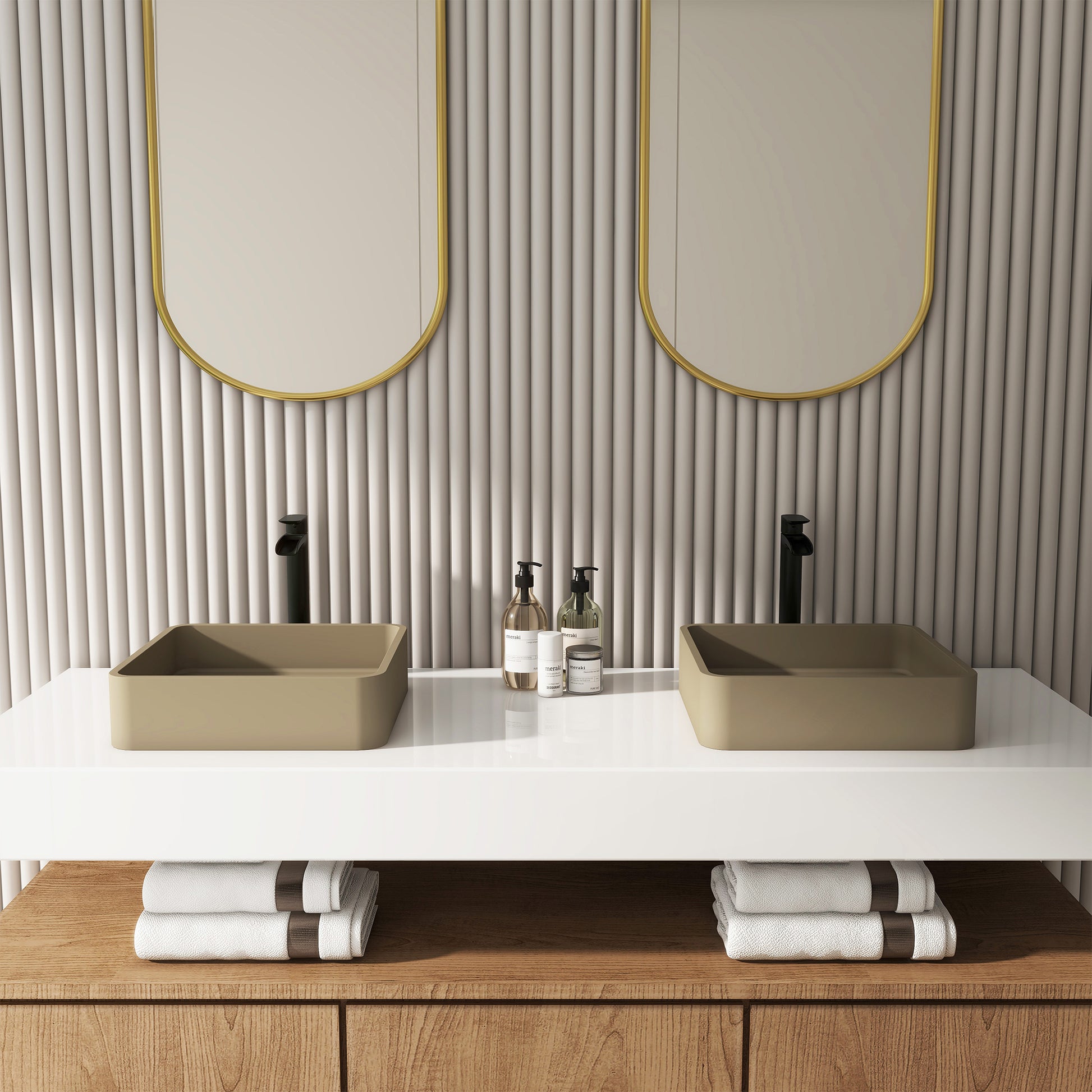 15in Bathroom Concrete Square Vessel Sink with Drainer in Mottled Bluish Grey / Cold Concrete Grey / Taupe Clay