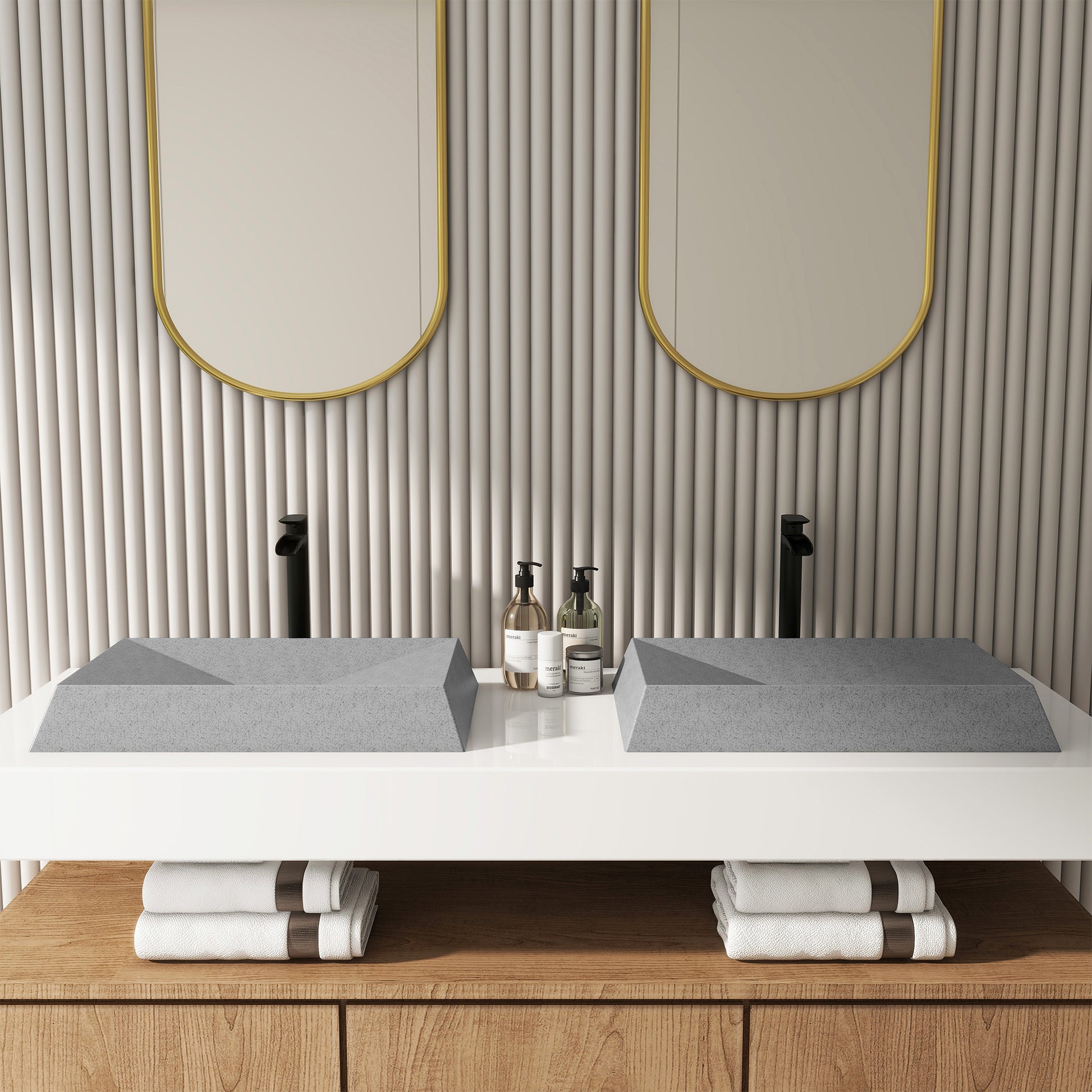 27in Bathroom Concrete Rectangular Vessel Sink with Drainer in Mottled Bluish Grey / Black Earth / Taupe Clay