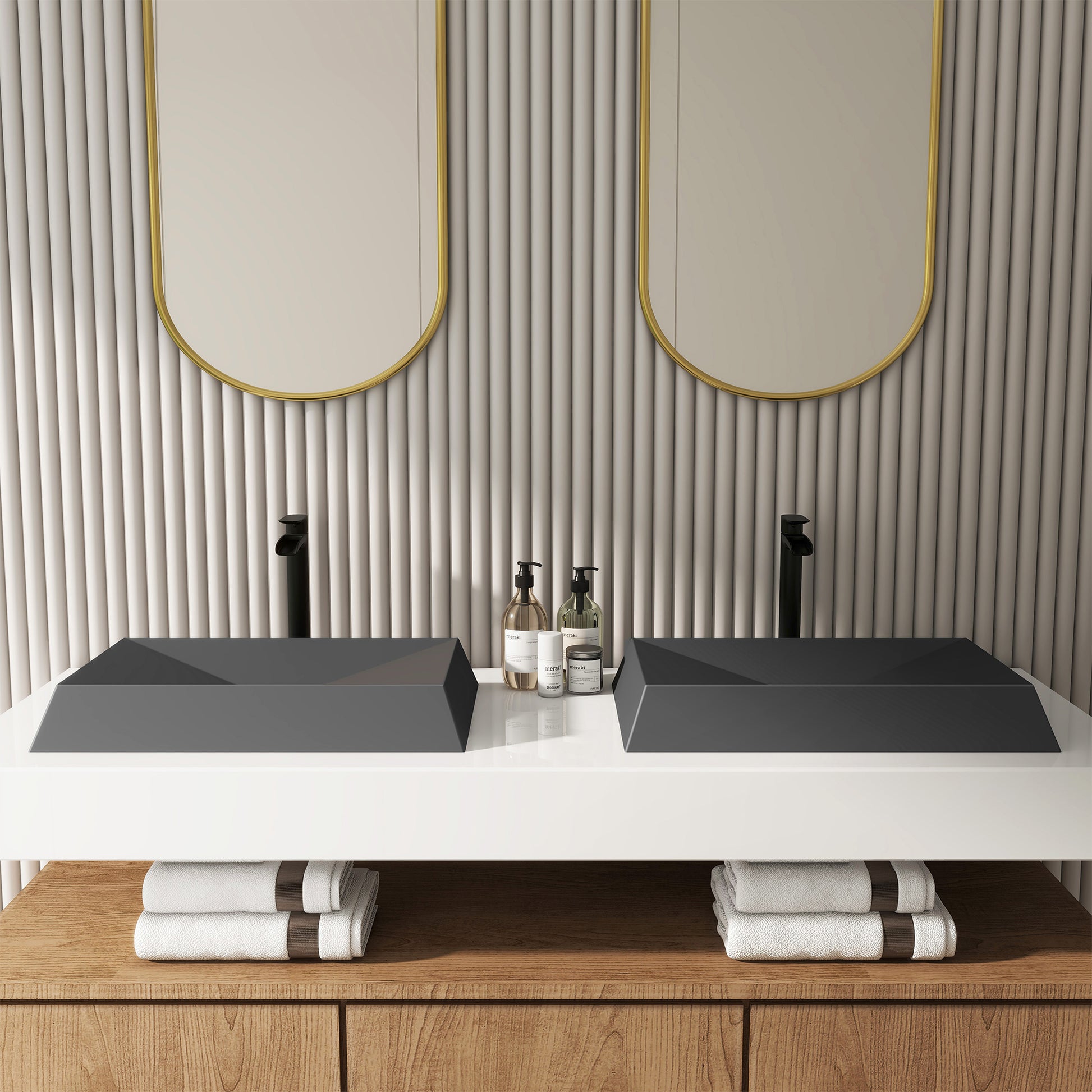 27in Bathroom Concrete Rectangular Vessel Sink with Drainer in Mottled Bluish Grey / Black Earth / Taupe Clay