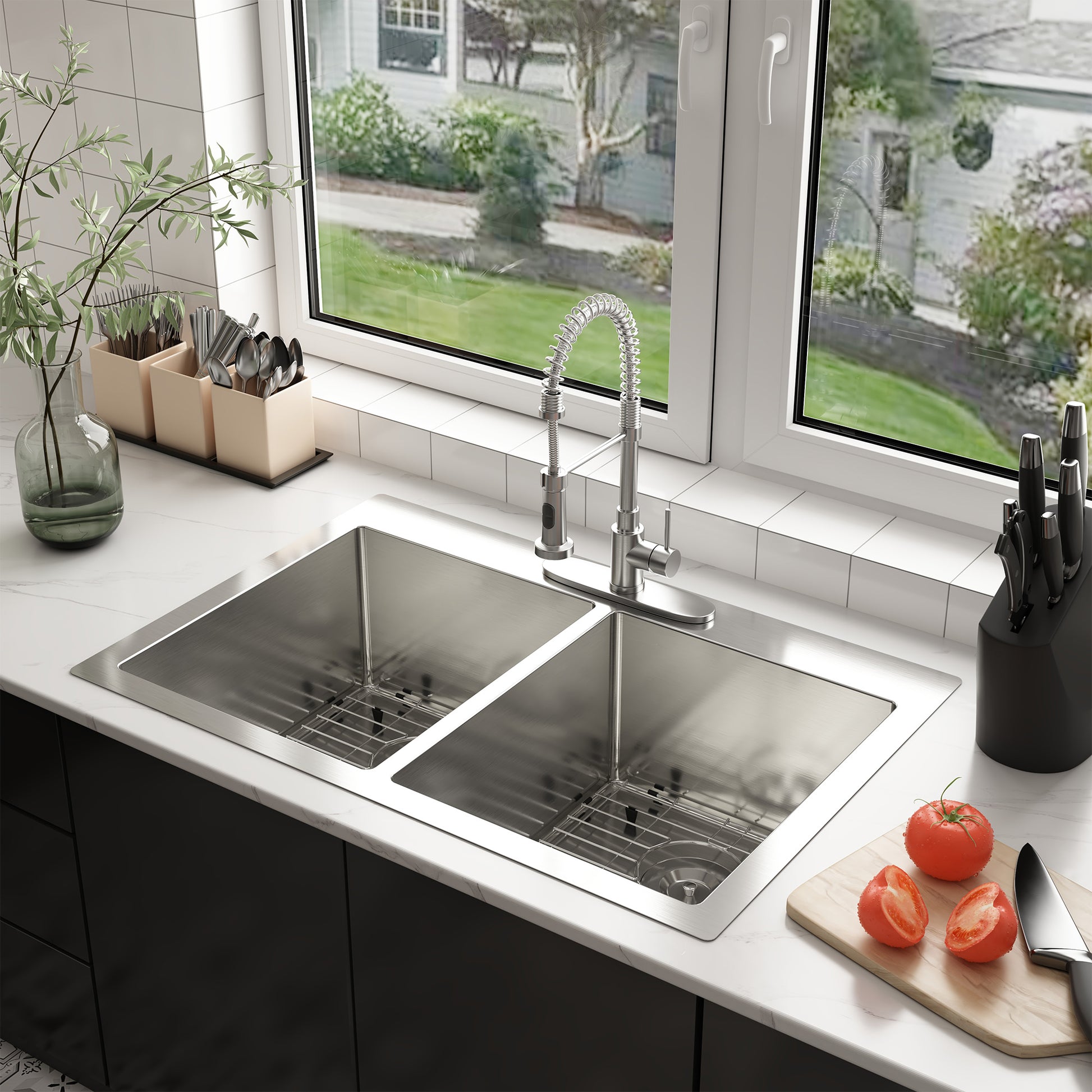 33 Inch Stainless Steel Topmount Kitchen Sink Drop In Workstation Brushed Kitchen Sink 18 Gauge 10 Inch Deep Double Bowl Kitchen Sink with Drainer and Drain Rack