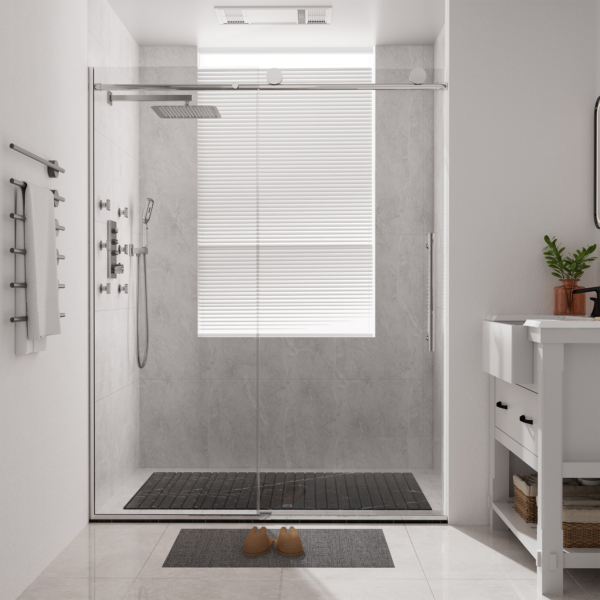 60"x76" Frameless Laminated Layer Glass Shower Door with Cushioned Single Slide Enclosure in Chrome/Brushed Gold