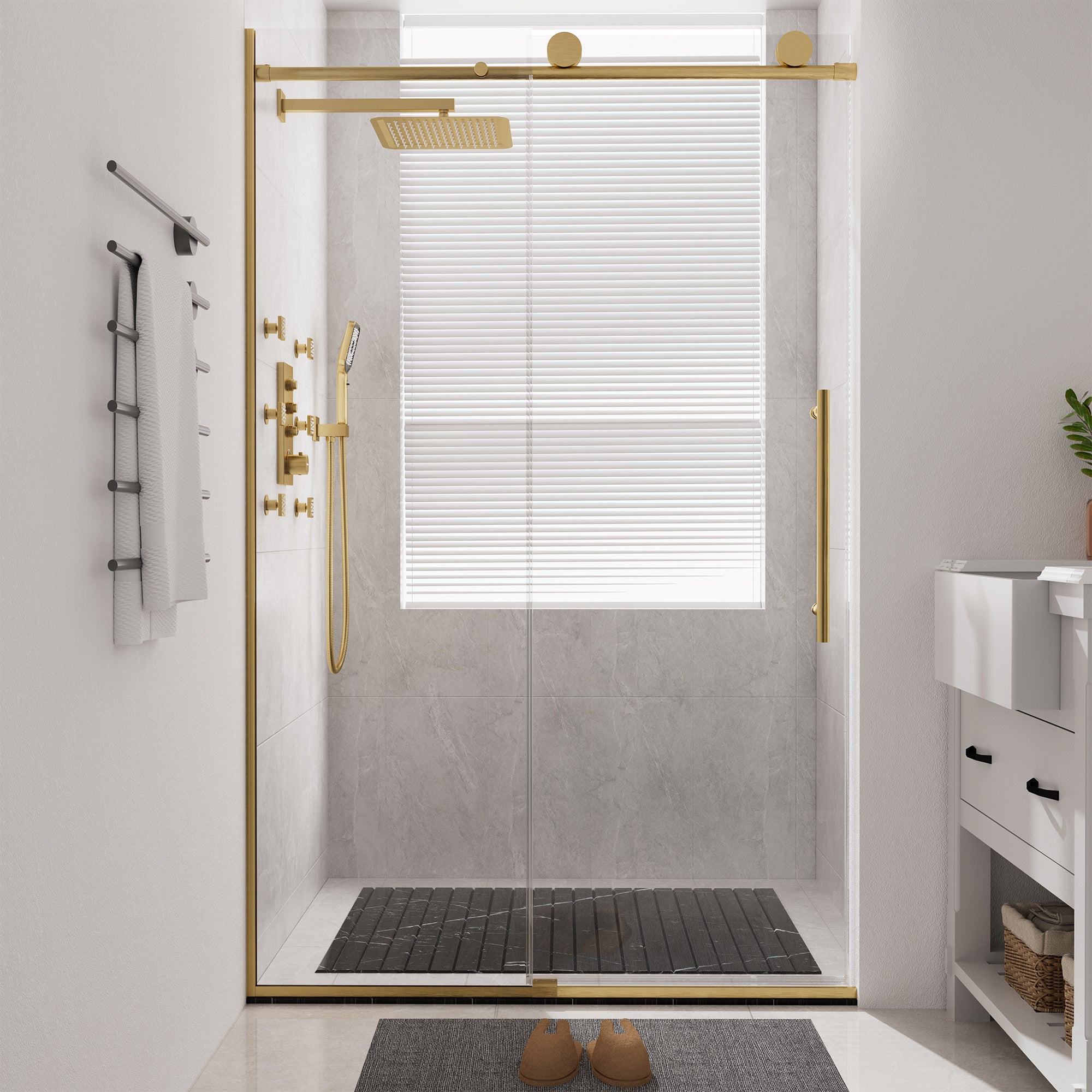 48"x76" Frameless Laminated Layer Glass Shower Door with Cushioned Single Slide Enclosure in Brushed Nickel/Chrome/Matte Black/Brushed Gold