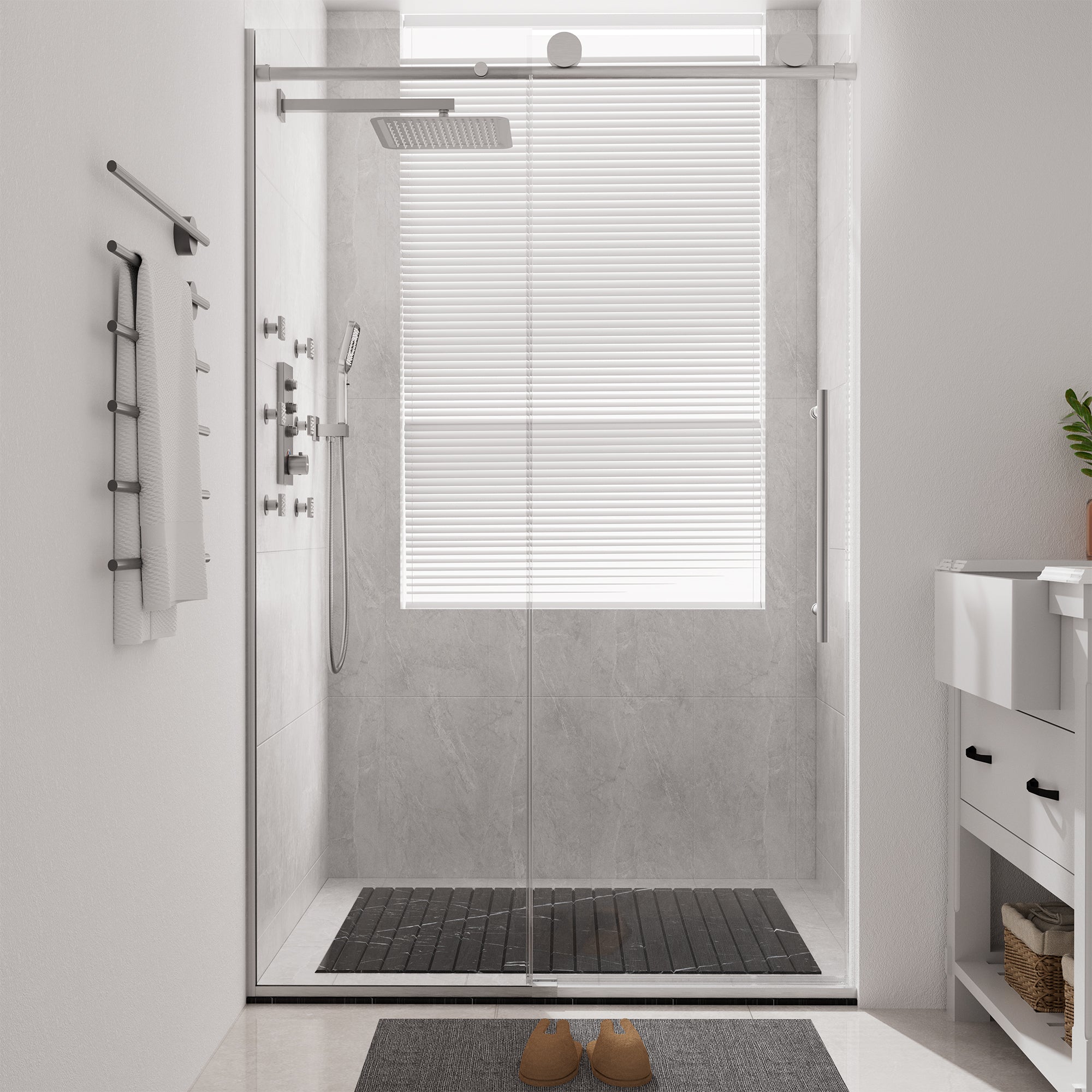 48"x76" Frameless Laminated Layer Glass Shower Door with Cushioned Single Slide Enclosure in Brushed Nickel/Chrome/Matte Black/Brushed Gold