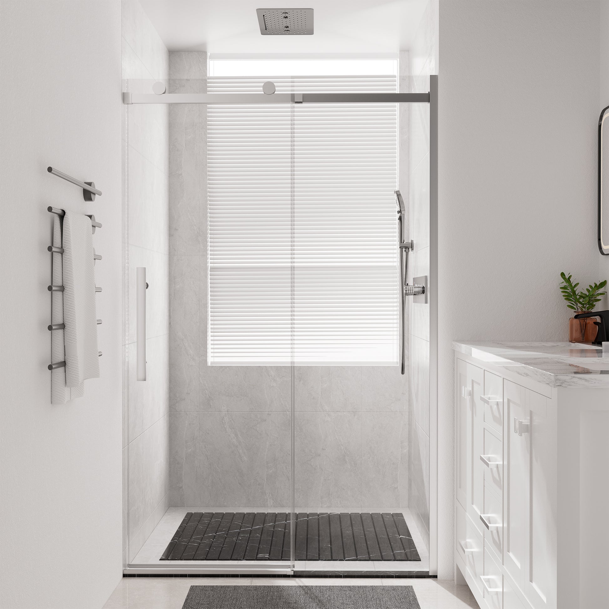 48"x76" Frameless Shower Door with Cushioned Single Slide, SGCC-Certified Tempered Shower Glass Door in Matte Black/Chrome/Brushed Nickel/Brushed Gold