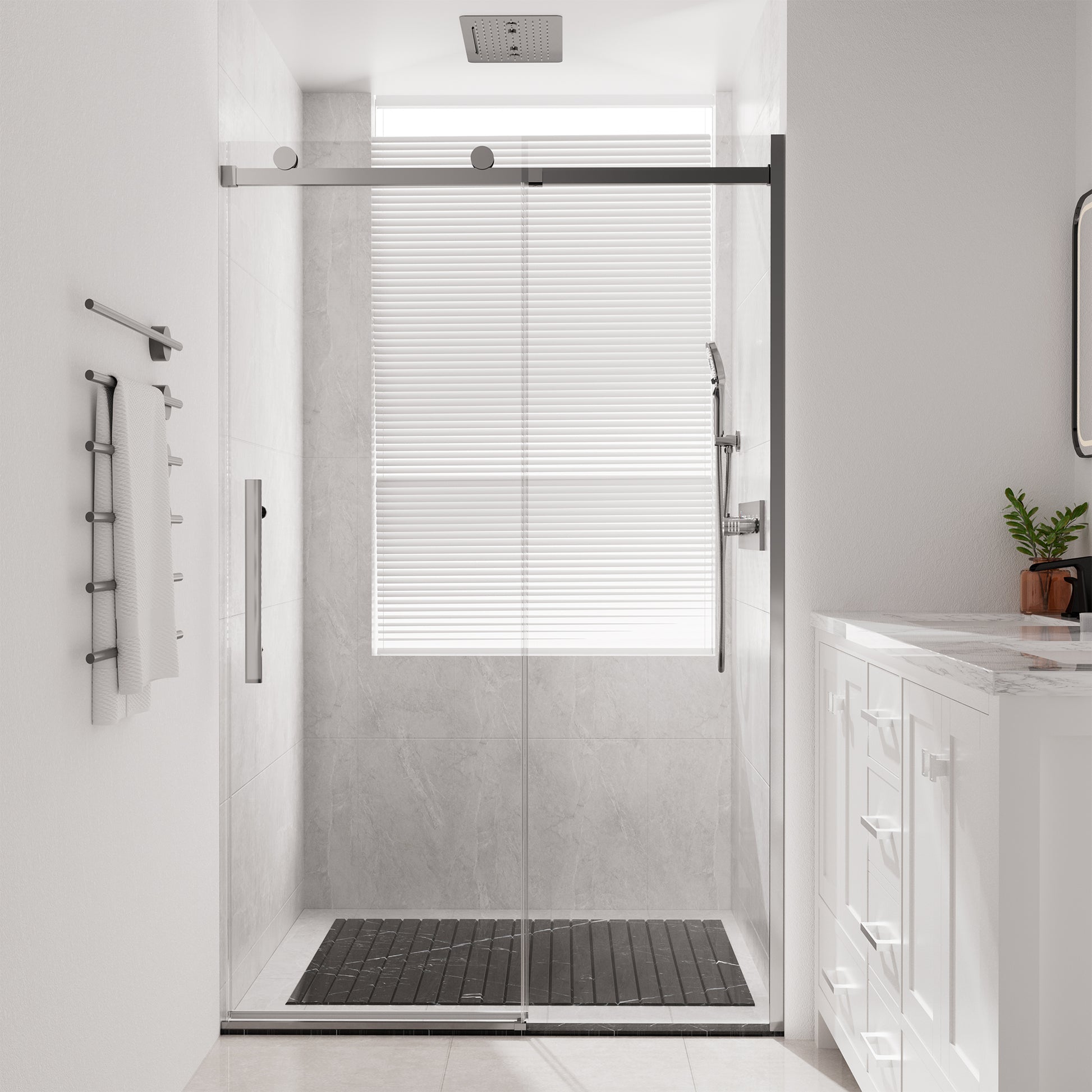 48"x76" Frameless Shower Door with Cushioned Single Slide, SGCC-Certified Tempered Shower Glass Door in Matte Black/Chrome/Brushed Nickel/Brushed Gold