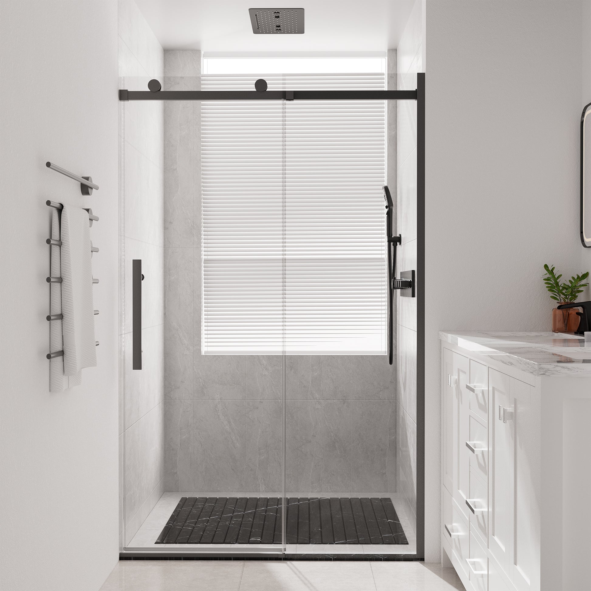 48"x76" Frameless Shower Door with Cushioned Single Slide, SGCC-Certified Tempered Shower Glass Door in Matte Black/Chrome/Brushed Nickel/Brushed Gold