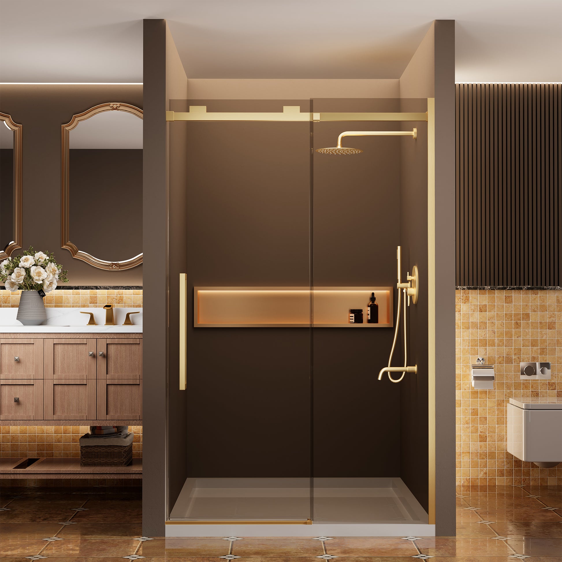 48"x76" Frameless Shower Door with Cushioned Single Slide in Brushed Nickel/Chromed/Matte Black/Brushed Gold, 0.39 inch SGCC-certified Tempered Shower Glass