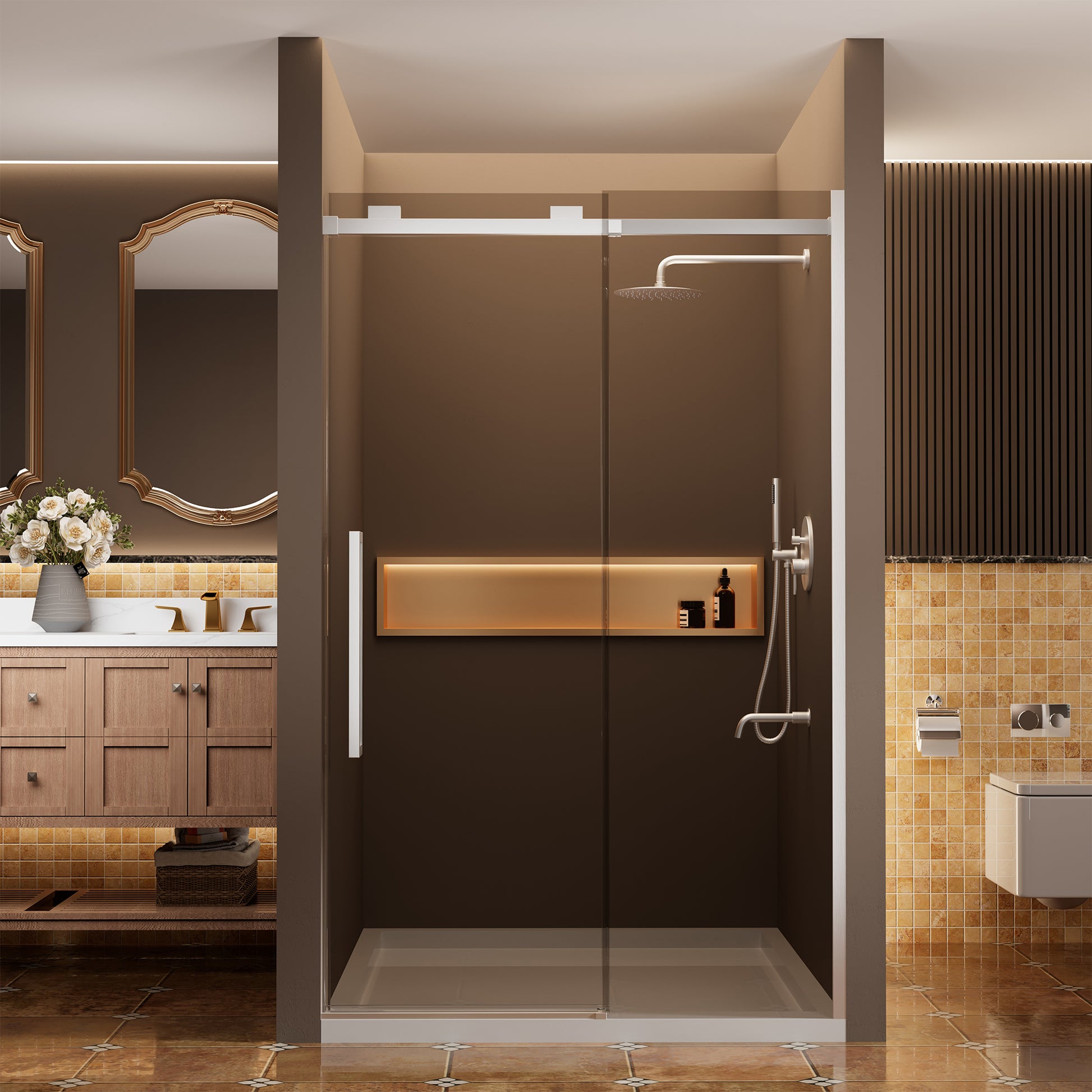 48"x76" Frameless Shower Door with Cushioned Single Slide in Brushed Nickel/Chromed/Matte Black/Brushed Gold, 0.39 inch SGCC-certified Tempered Shower Glass