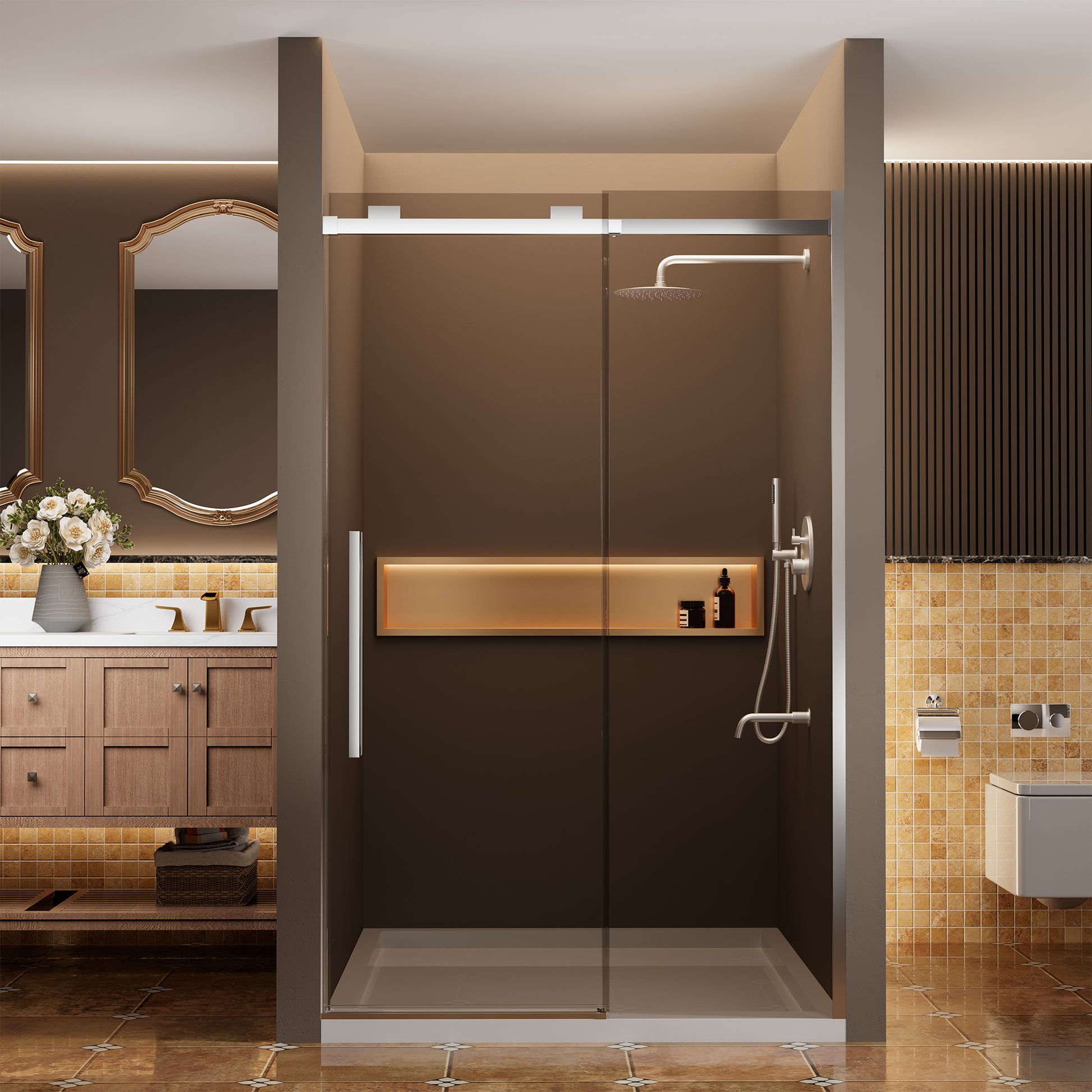 48"x76" Frameless Shower Door with Cushioned Single Slide in Brushed Nickel/Chromed/Matte Black/Brushed Gold, 0.39 inch SGCC-certified Tempered Shower Glass