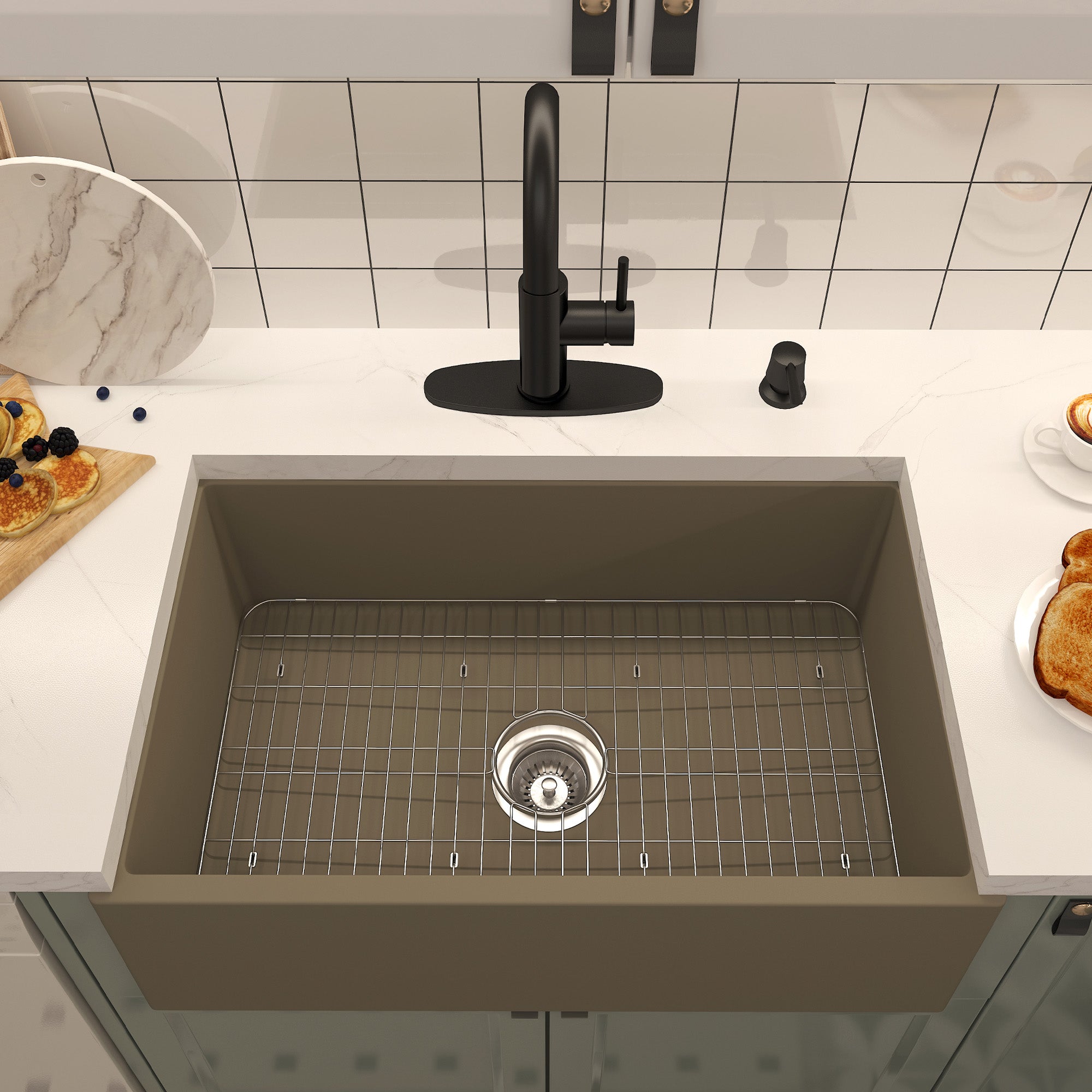 Concrete 30 in. Single Bowl Farmhouse Apron Kitchen Sink with Bottom Grid and Drainer Black Earth/Taupe Clay