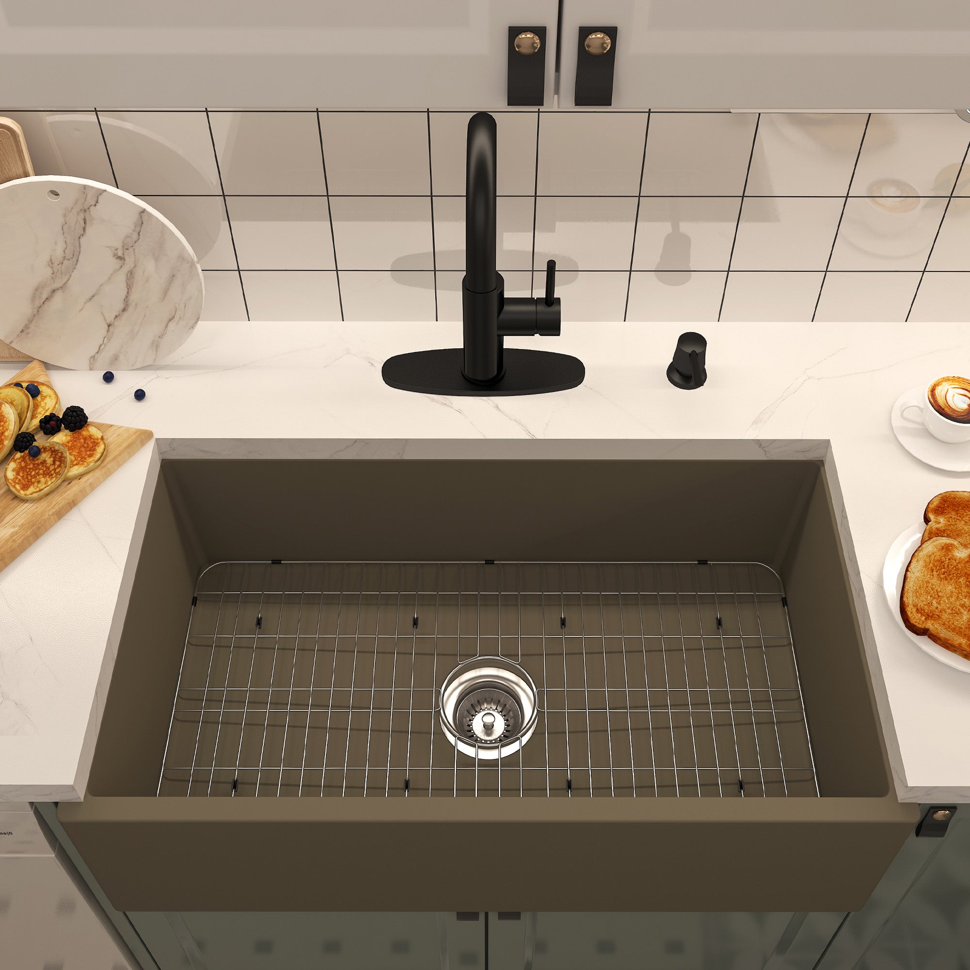Concrete 33 in. Single Bowl Farmhouse Apron Kitchen Sink with Bottom Grid and Drainer Black Earth/Taupe Clay