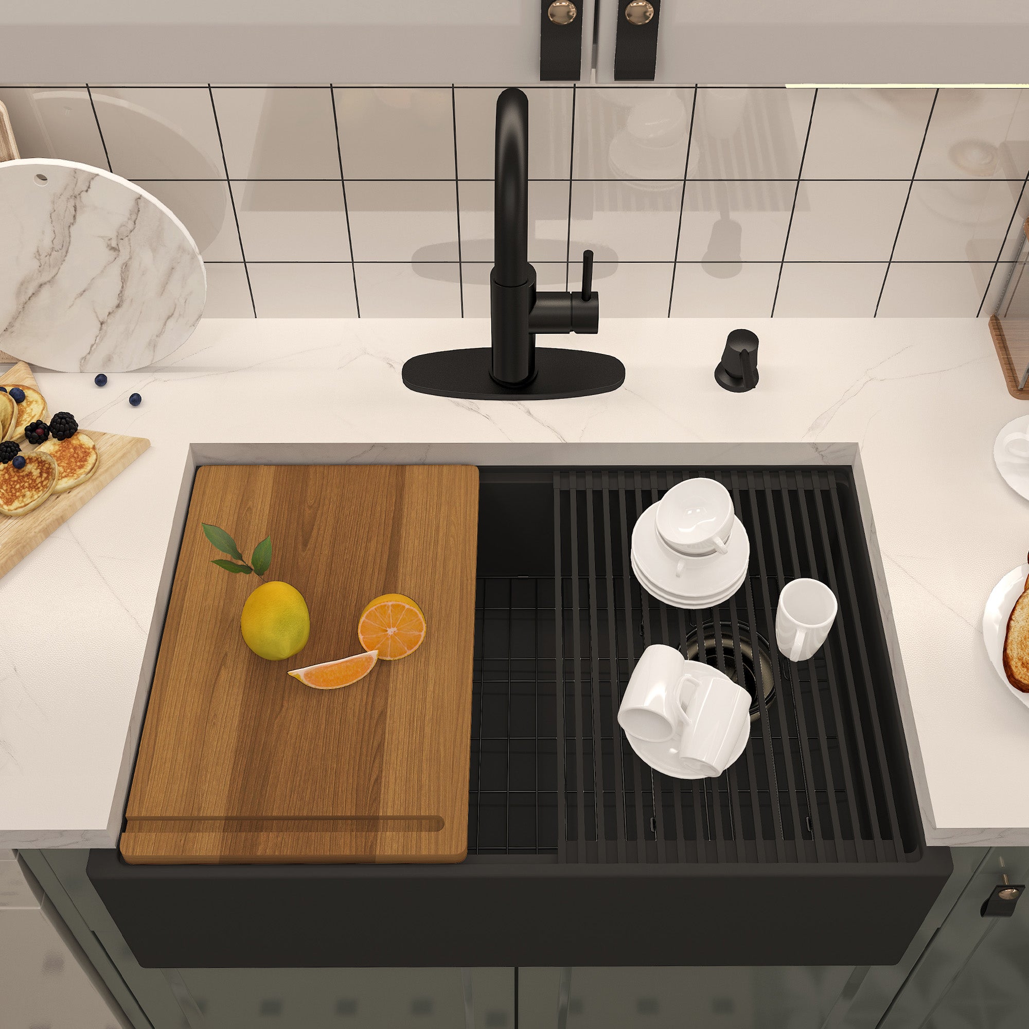 Concrete 30 in. Single Bowl Farmhouse Apron Kitchen Sink with Cutting Board, Rolling Drying Rack, Grid and Drainer Black Earth/Cold Concrete Grey