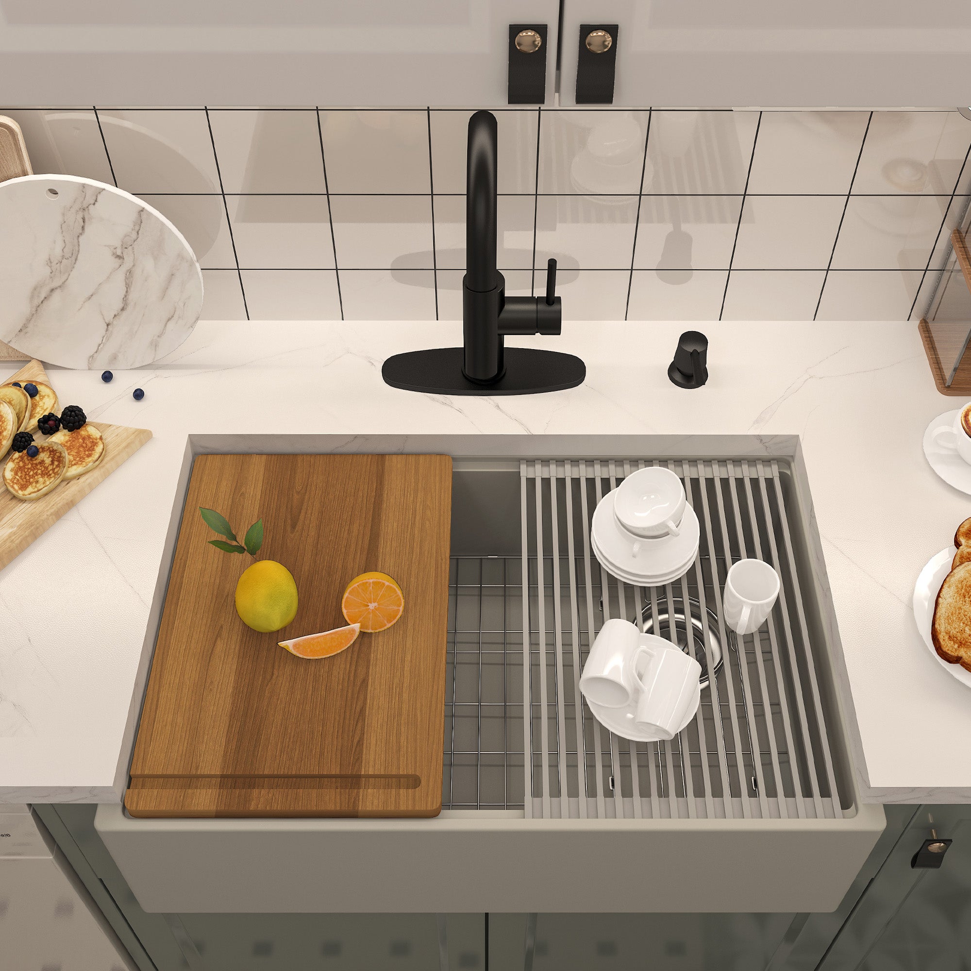 Concrete 30 in. Single Bowl Farmhouse Apron Kitchen Sink with Cutting Board, Rolling Drying Rack, Grid and Drainer Black Earth/Cold Concrete Grey
