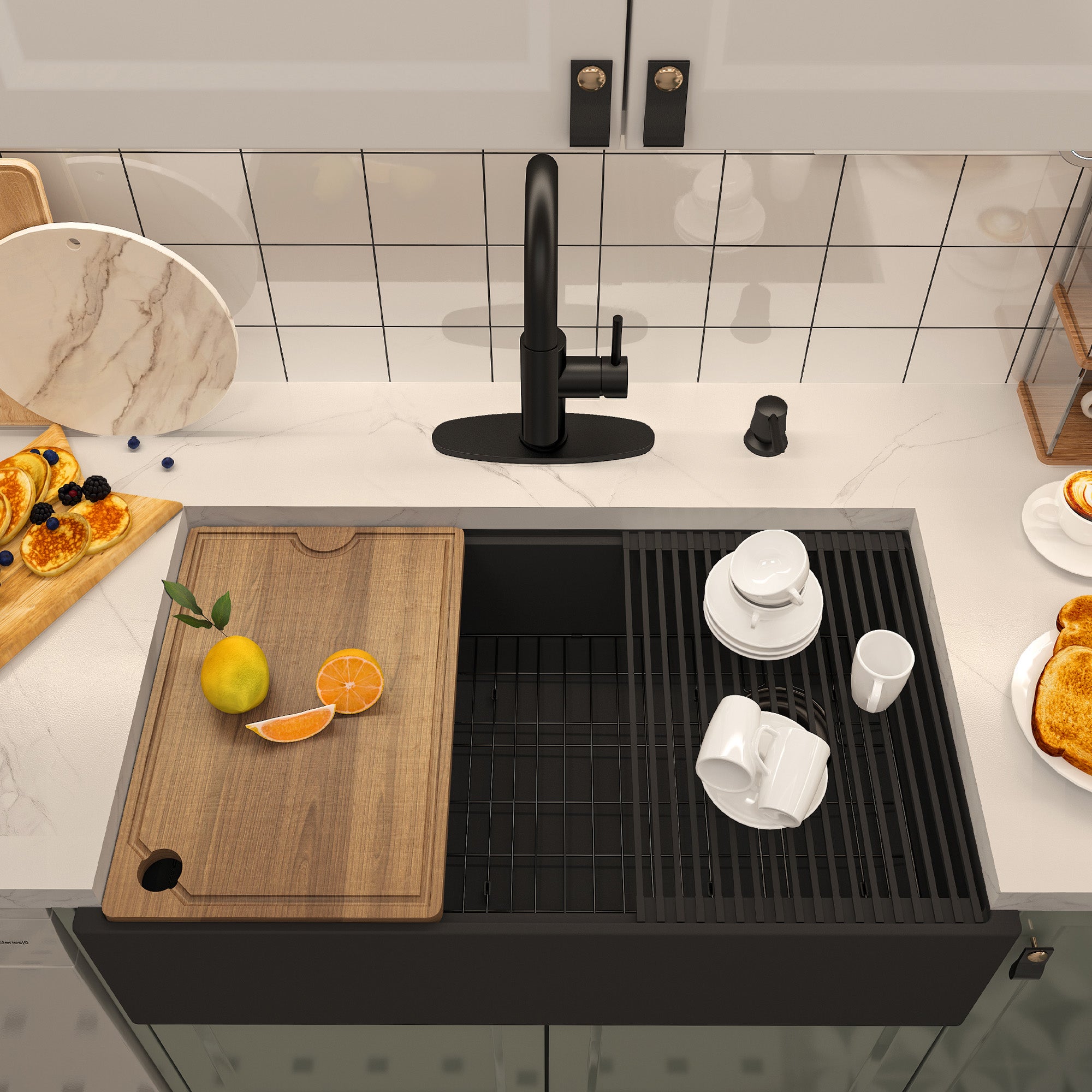 Concrete 33 in. Single Bowl Farmhouse Apron Kitchen Sink with Cutting Board, Rolling Drying Rack, Grid and Drainer Black Earth/Cold Concrete Grey