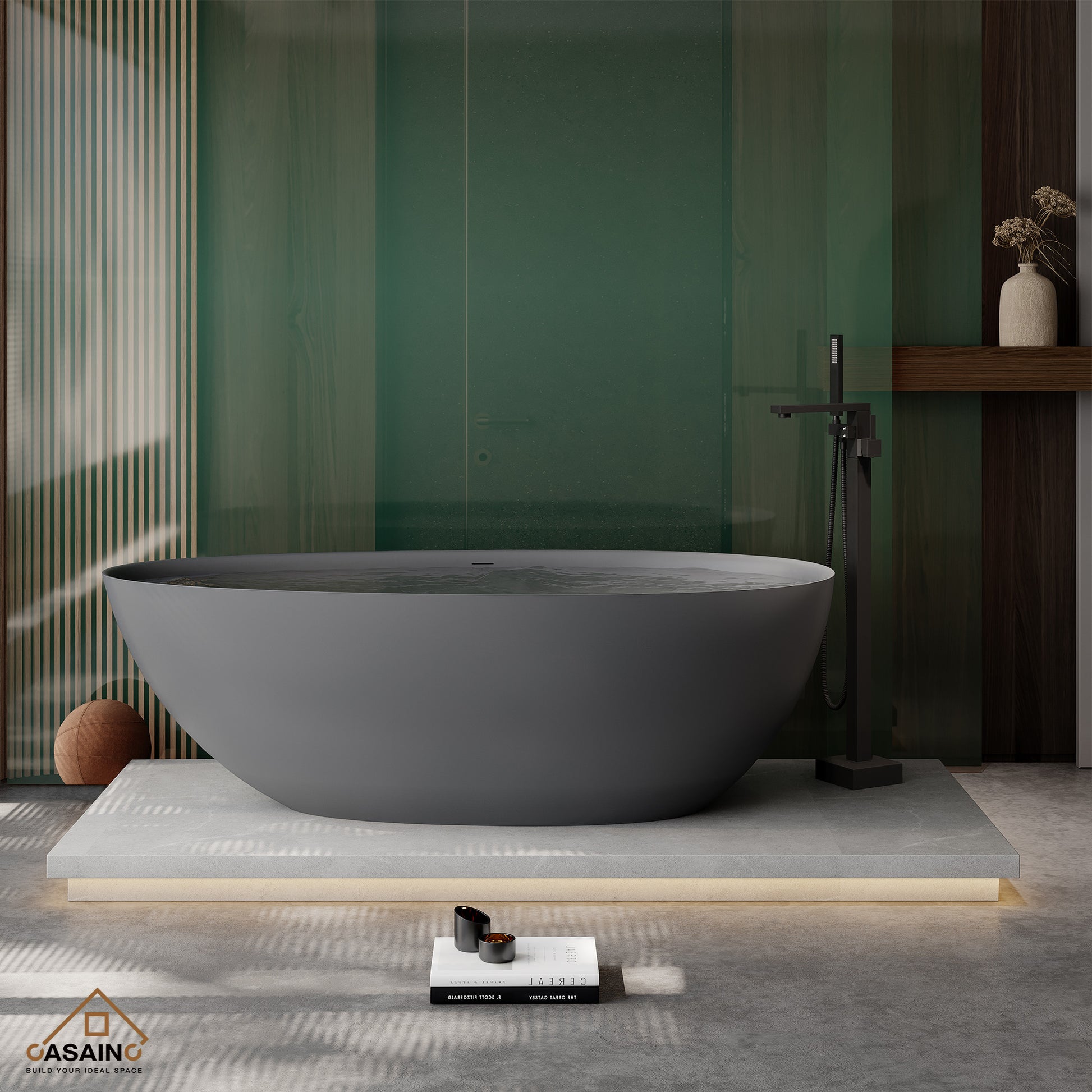 67" Solid Surface Freestanding Bathtub in (Matte Black& Grey)