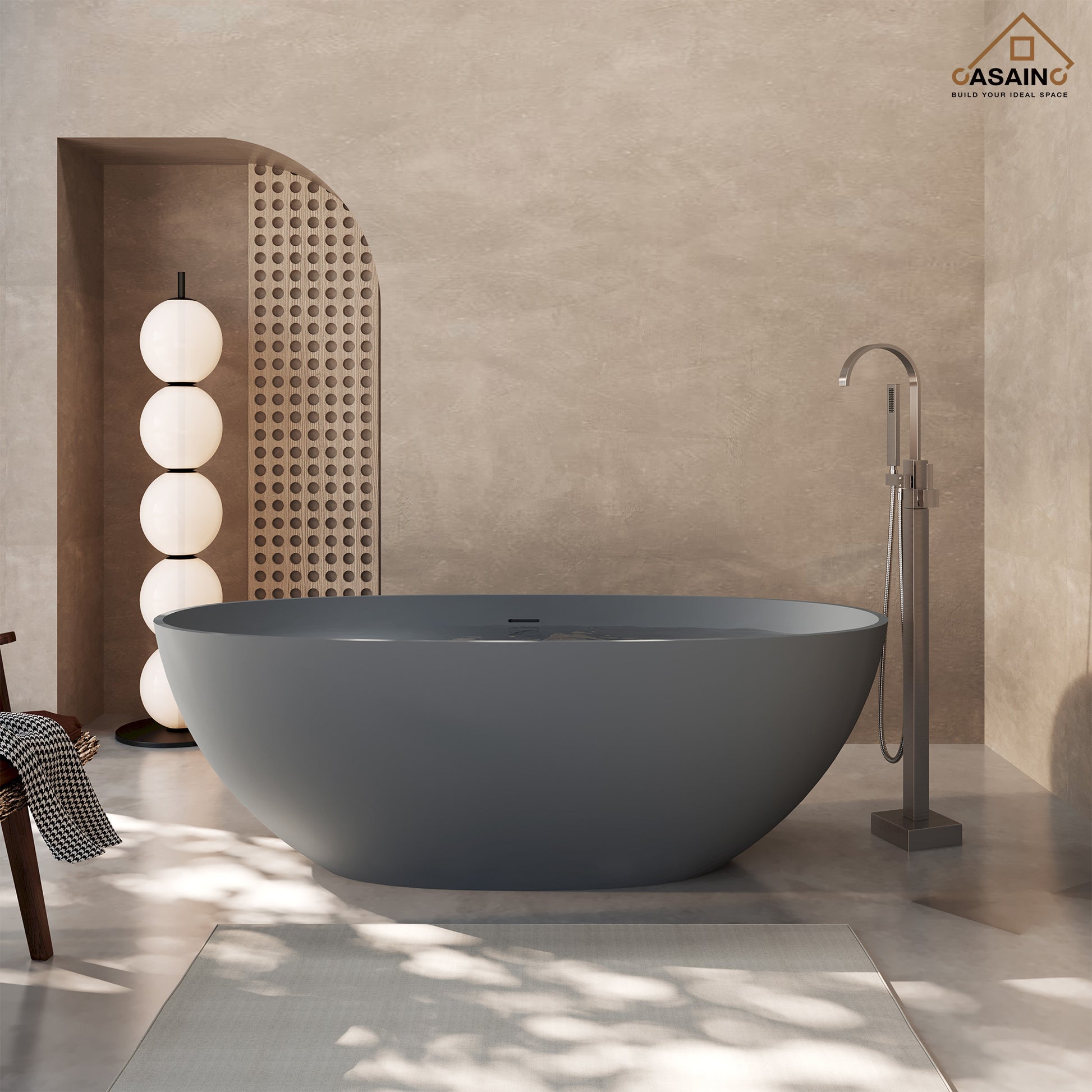 65" Solid Surface Freestanding Bathtub in (Matte Black& Grey)