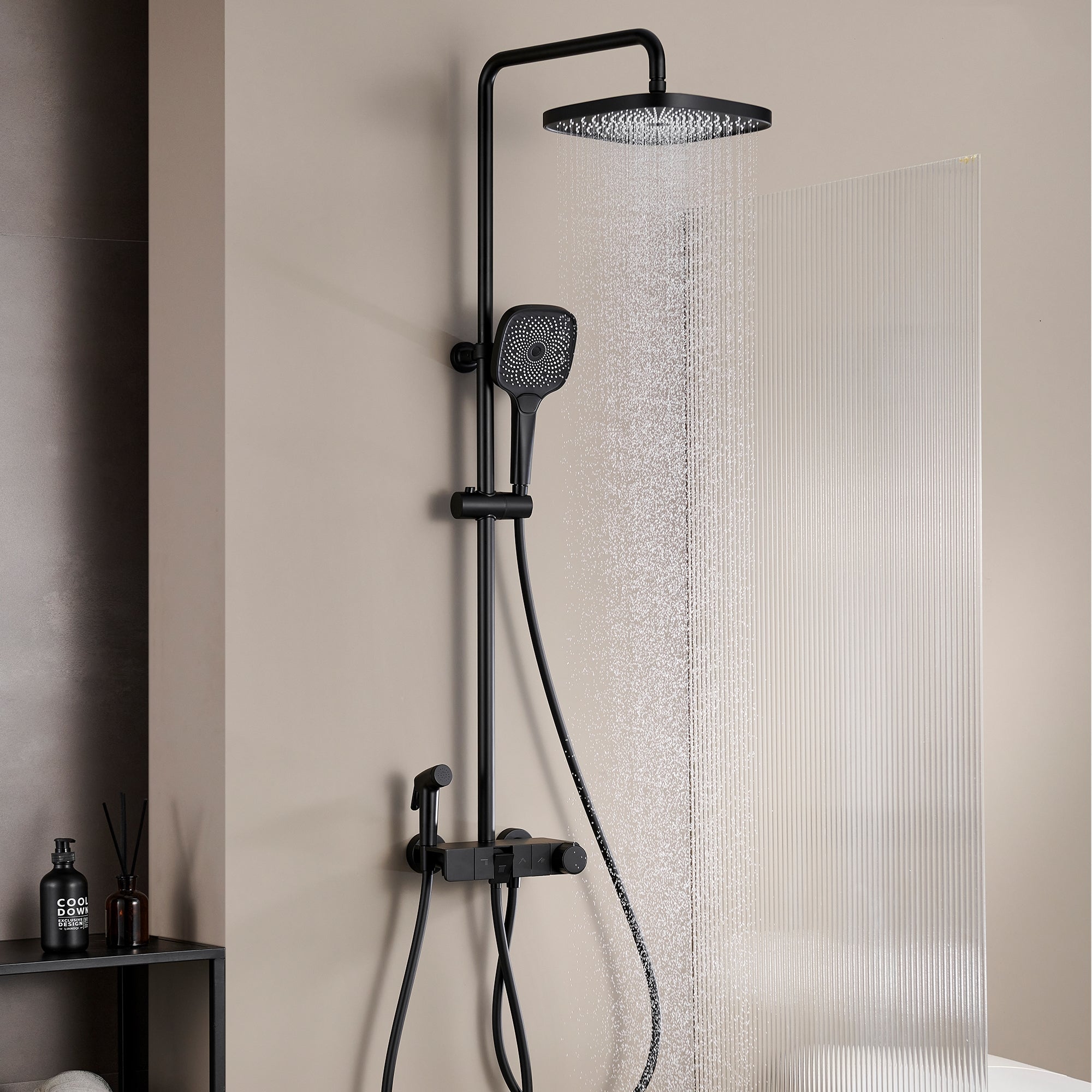 10-inch 4-Function Thermostatic Exposed Shower System with Tub Spout & Handheld Bidet