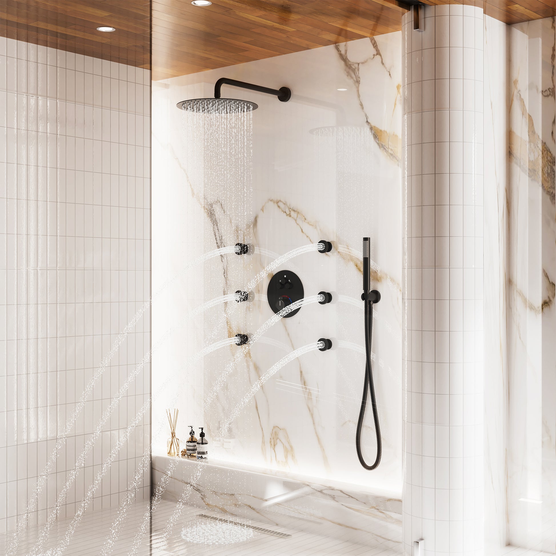 12" Round Rainfall Shower System with 6 Adjustable Body Jets