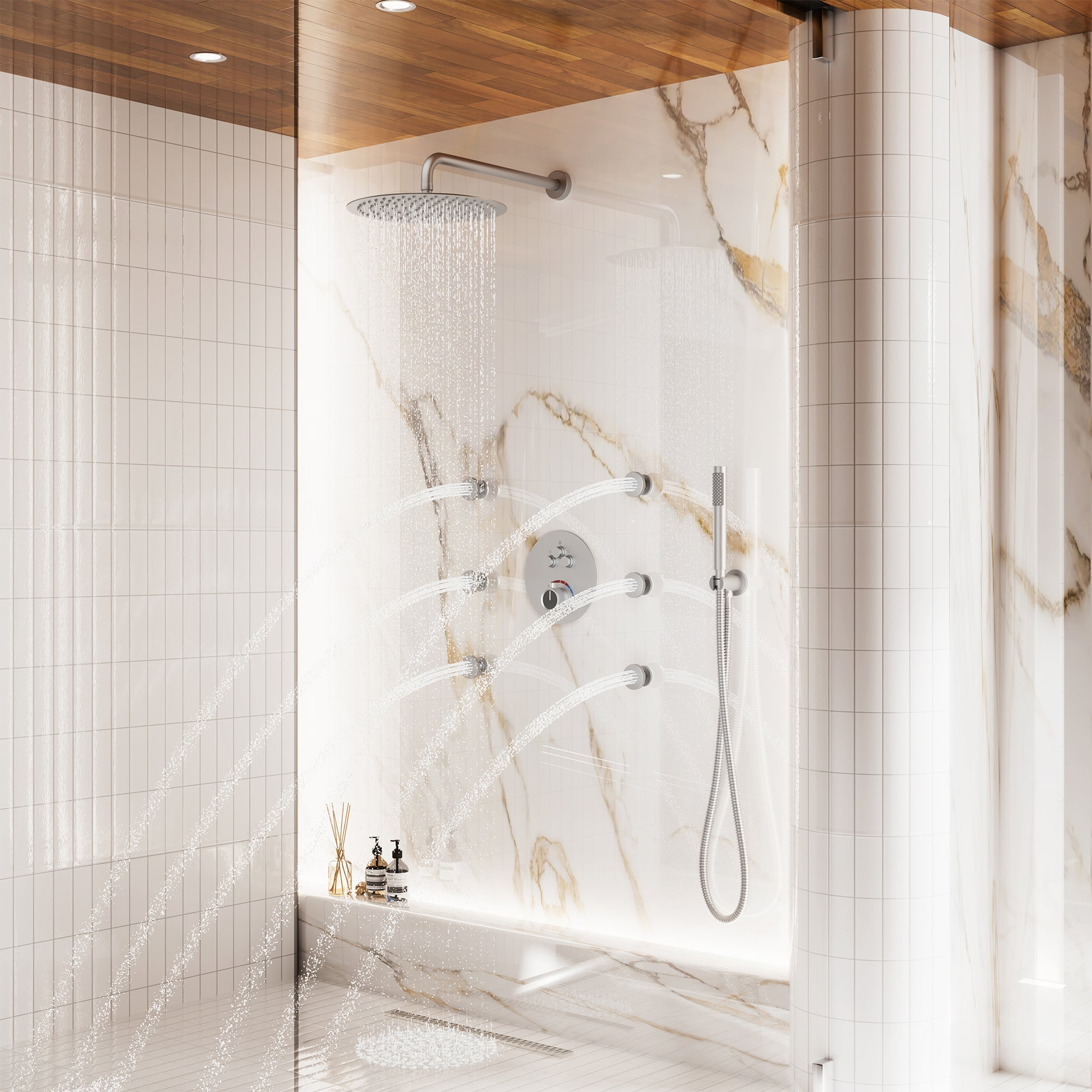 12" Round Rainfall Shower System with 6 Adjustable Body Jets