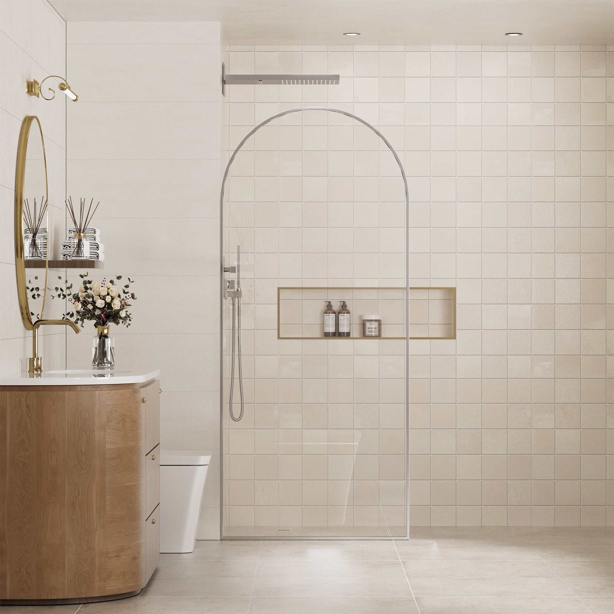 34"x78" Tempered Glass Shower Screen with Integrated Curved Frame