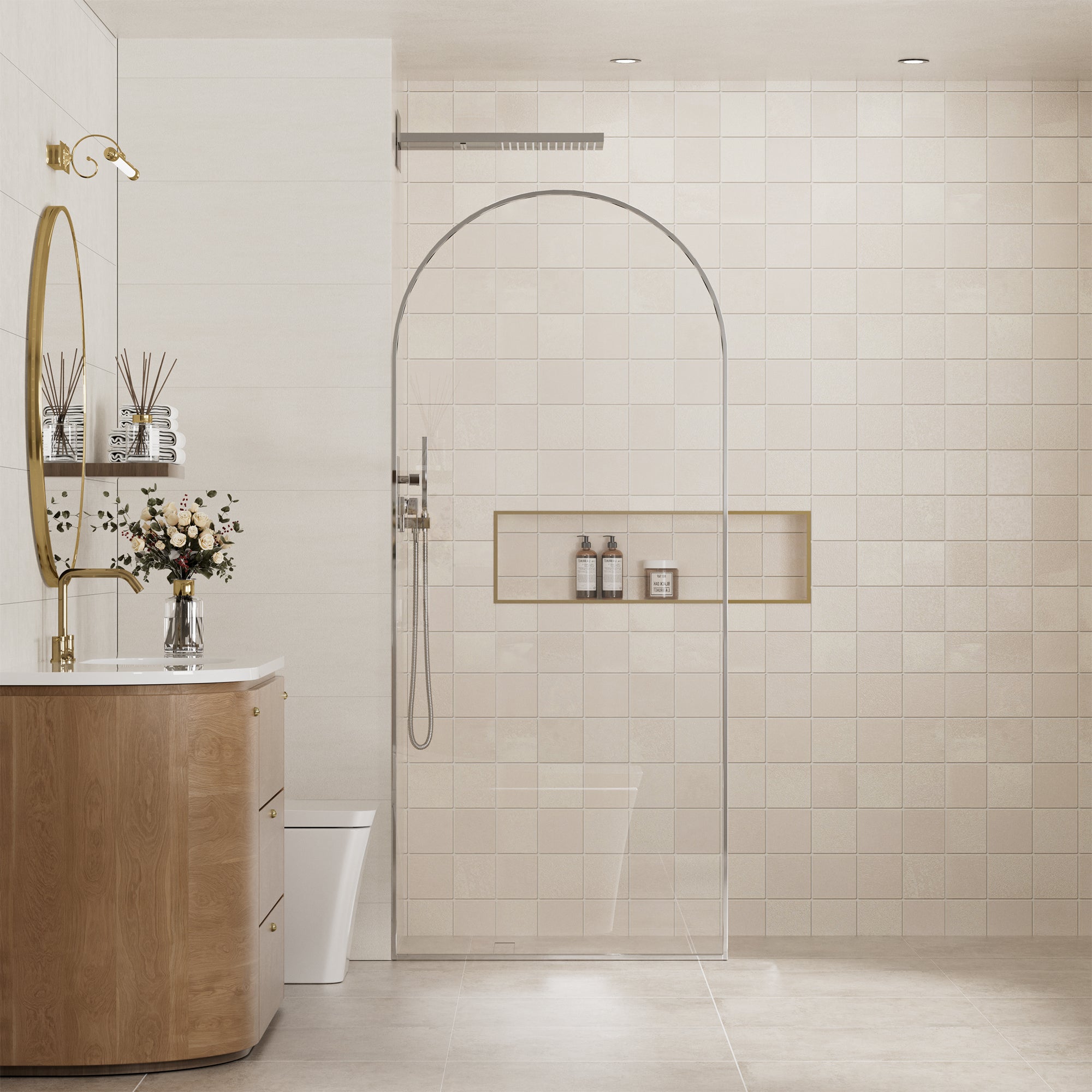 34"x78" Tempered Glass Shower Screen with Integrated Curved Frame