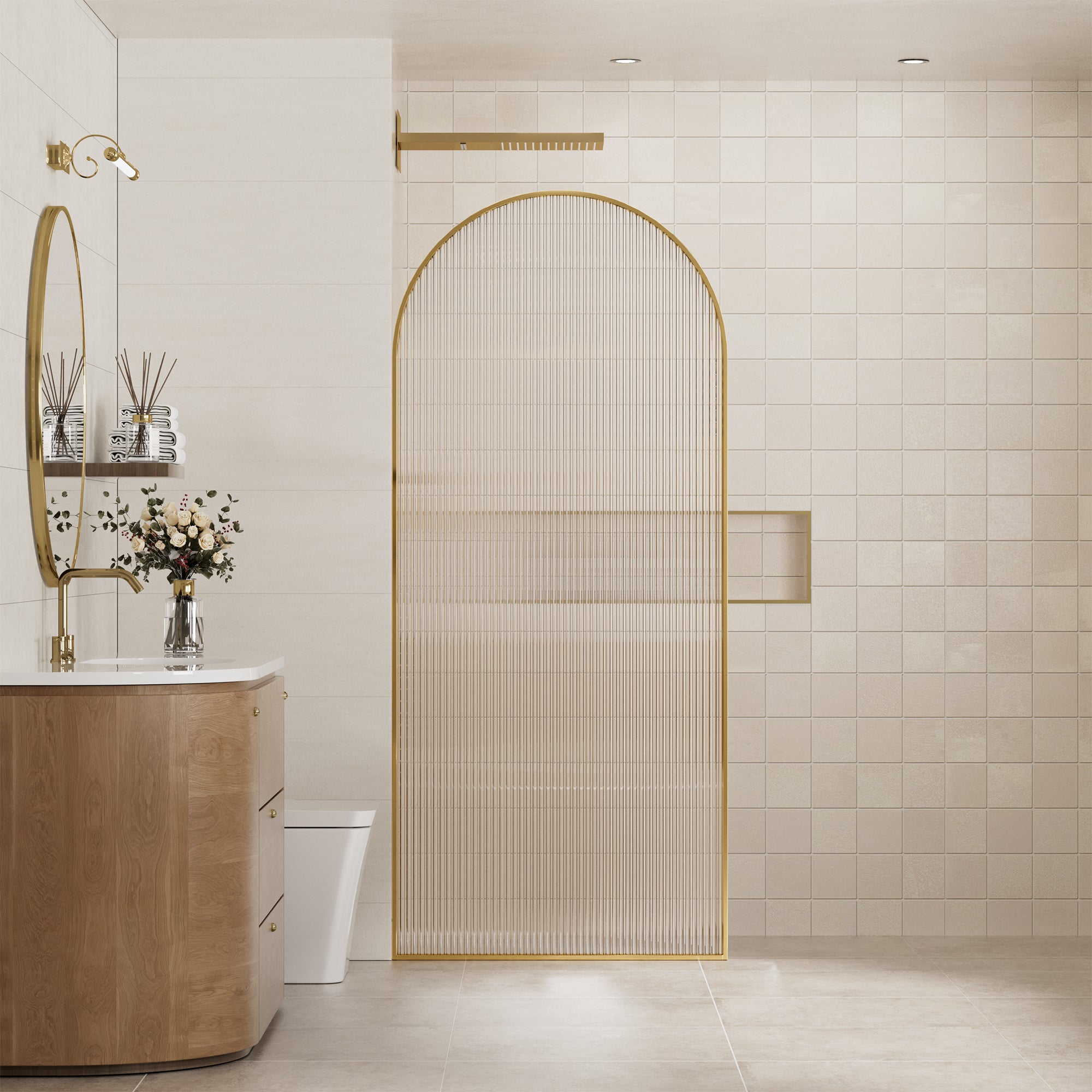 34"x78" Curved Frosted Glass Shower Screen with 10mm SGCC-Certified Tempered Glass