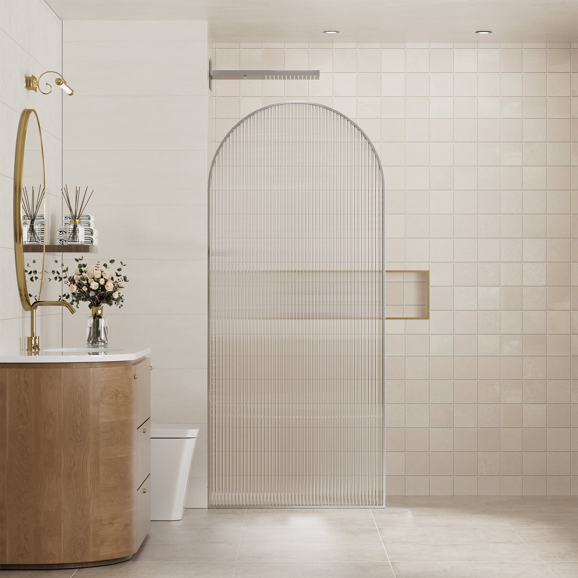 34"x78" Curved Frosted Glass Shower Screen with 10mm SGCC-Certified Tempered Glass