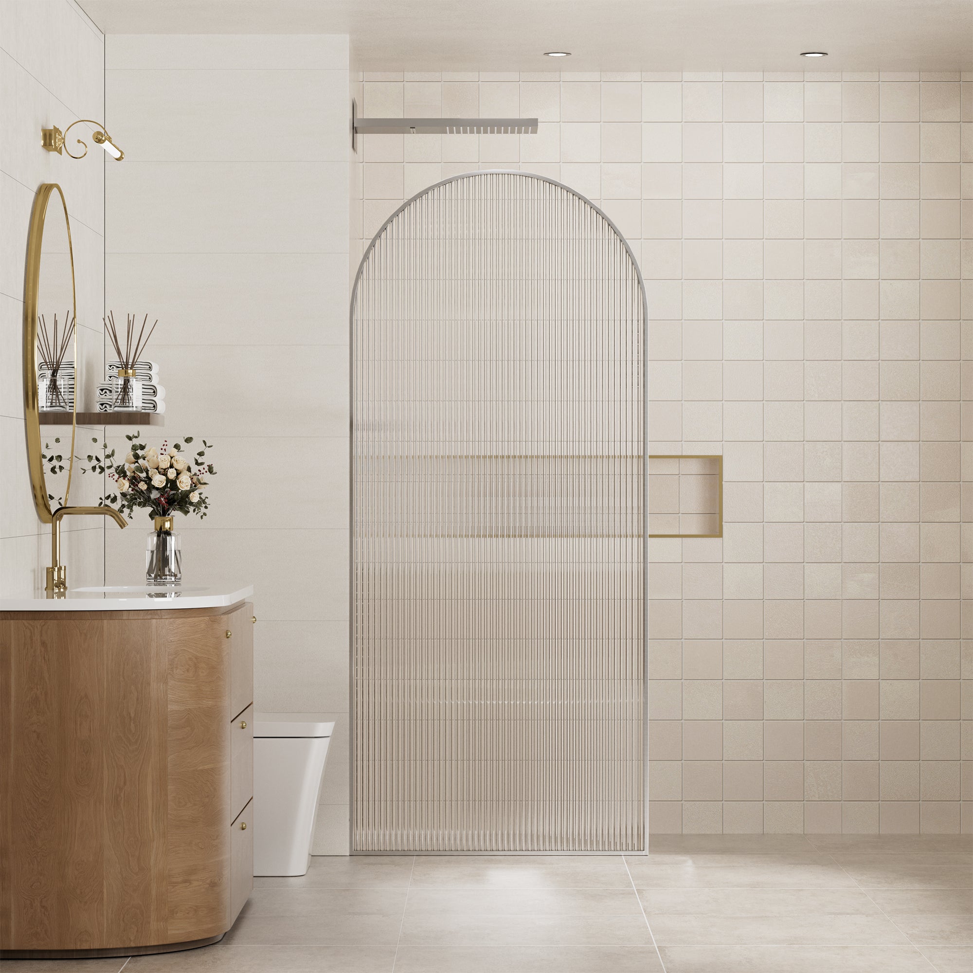 34"x78" Curved Frosted Glass Shower Screen with 10mm SGCC-Certified Tempered Glass
