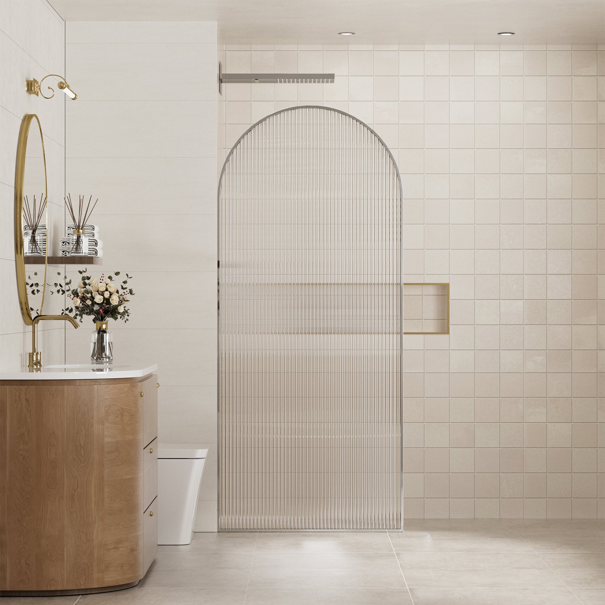 34"x78" Curved Frosted Glass Shower Screen with 10mm SGCC-Certified Tempered Glass