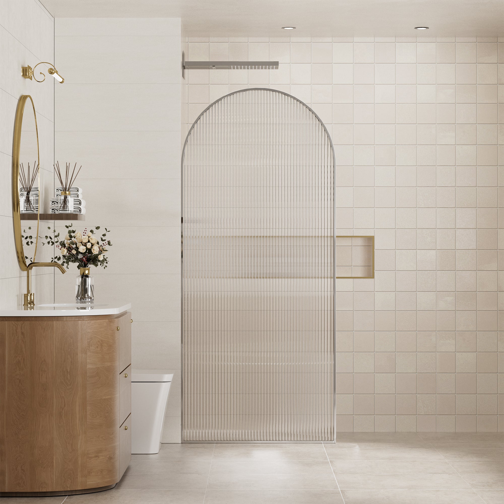 34"x78" Curved Frosted Glass Shower Screen with 10mm SGCC-Certified Tempered Glass