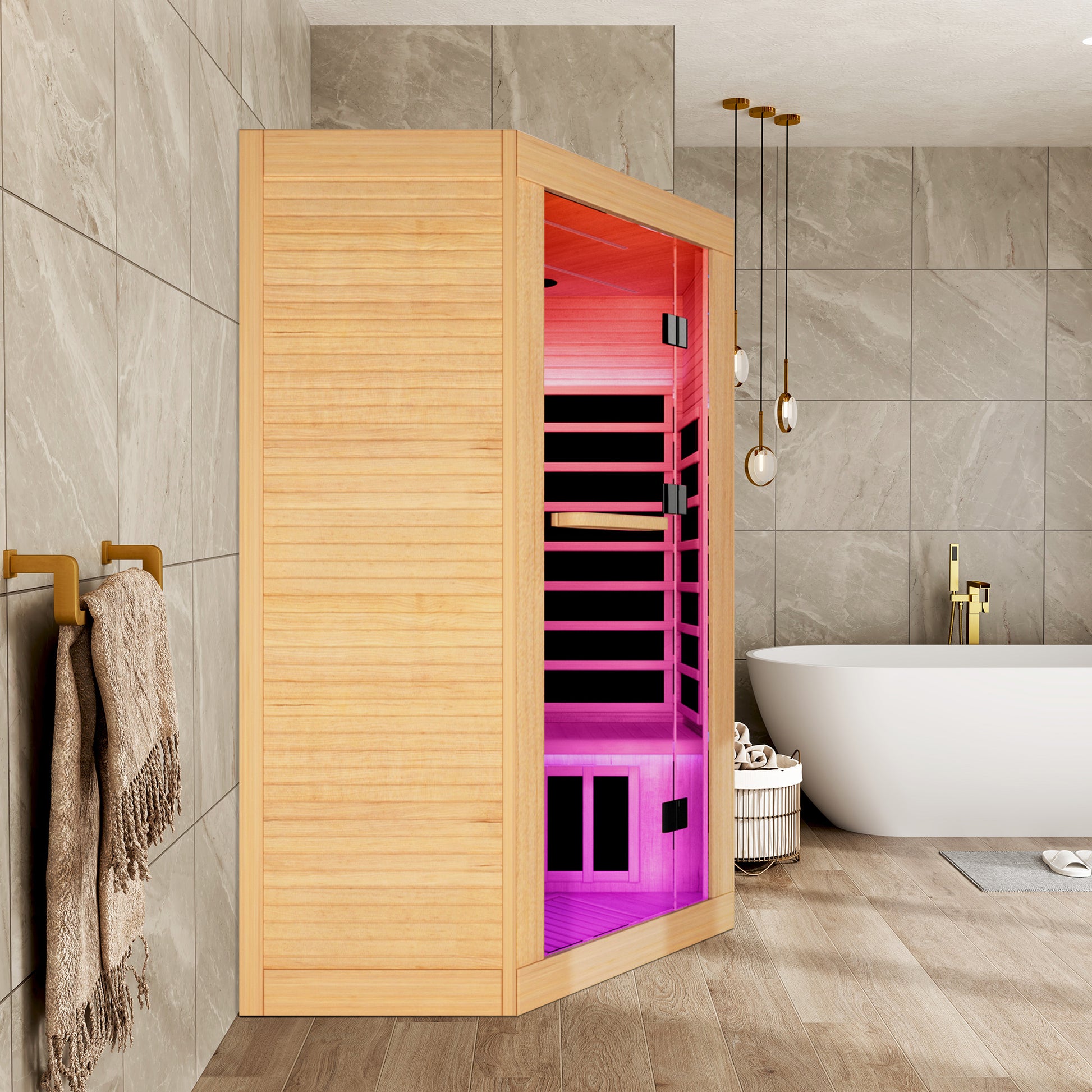 Canadian Hemlock 2-Person Infrared Corner Sauna with Chromotherapy & Bluetooth