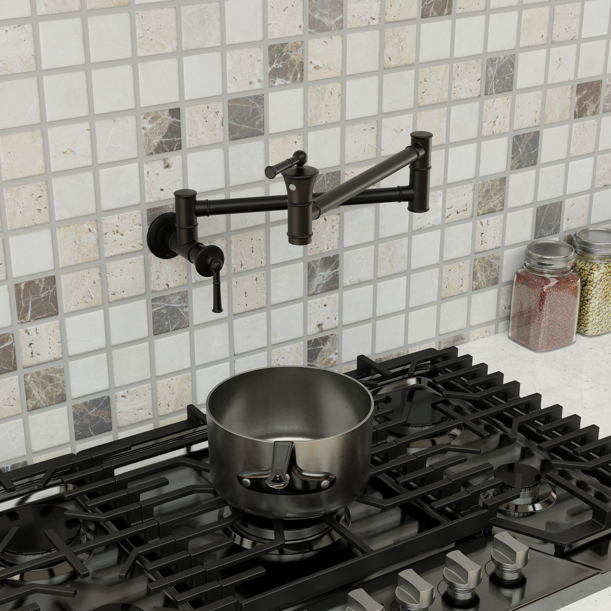 Wall-Mounted Kitchen Faucet with Dual Handles 360° Rotatable Pot Filler in Matte Black
