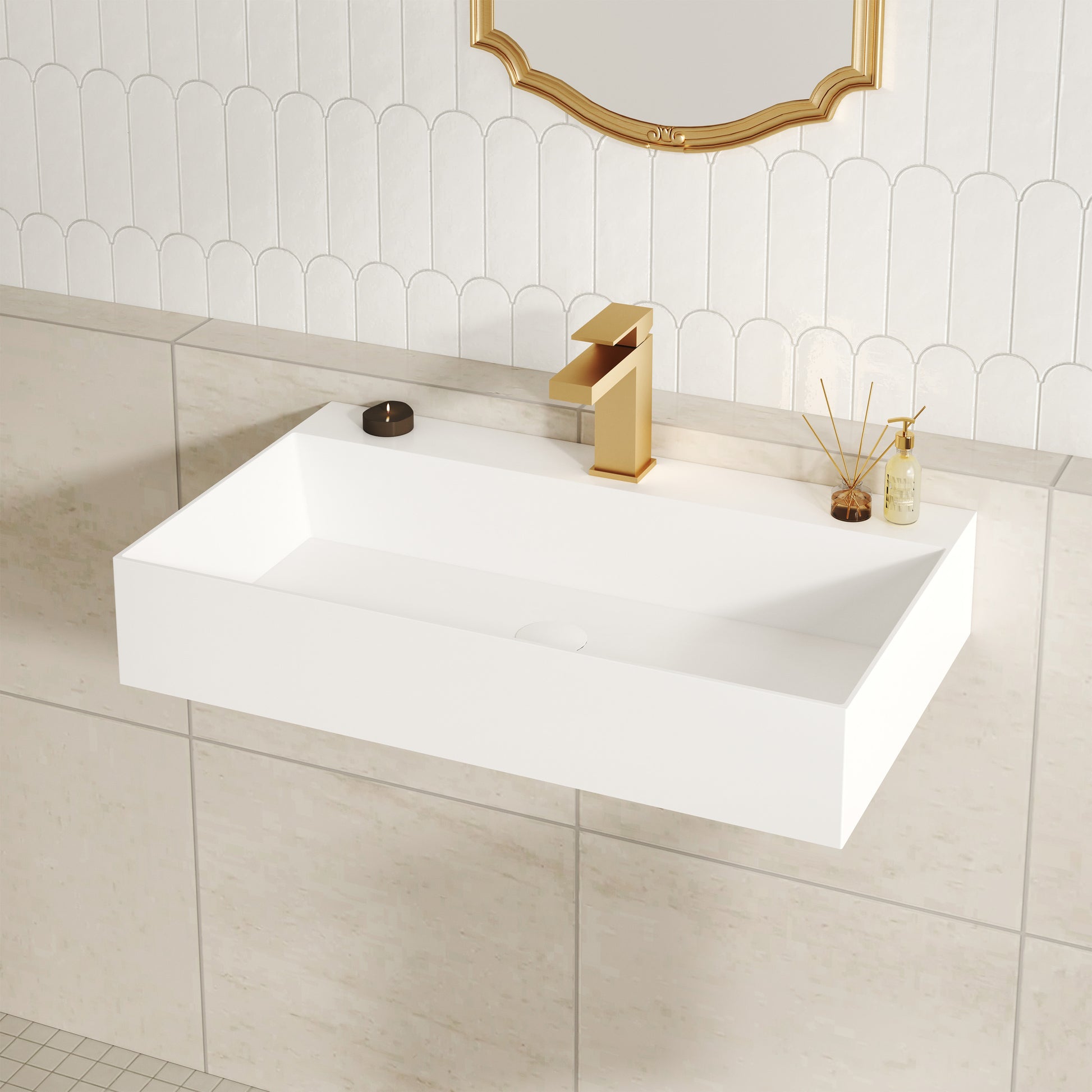 30"/42" Solid Surface Sink Wall Mount Stone Resin Bathroom Sink