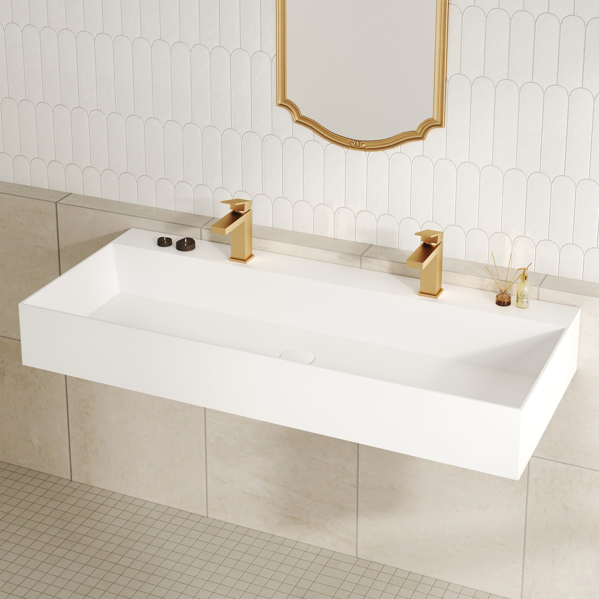 48" Wall Mounted Solid Surface Sink with 2 Faucet Holes