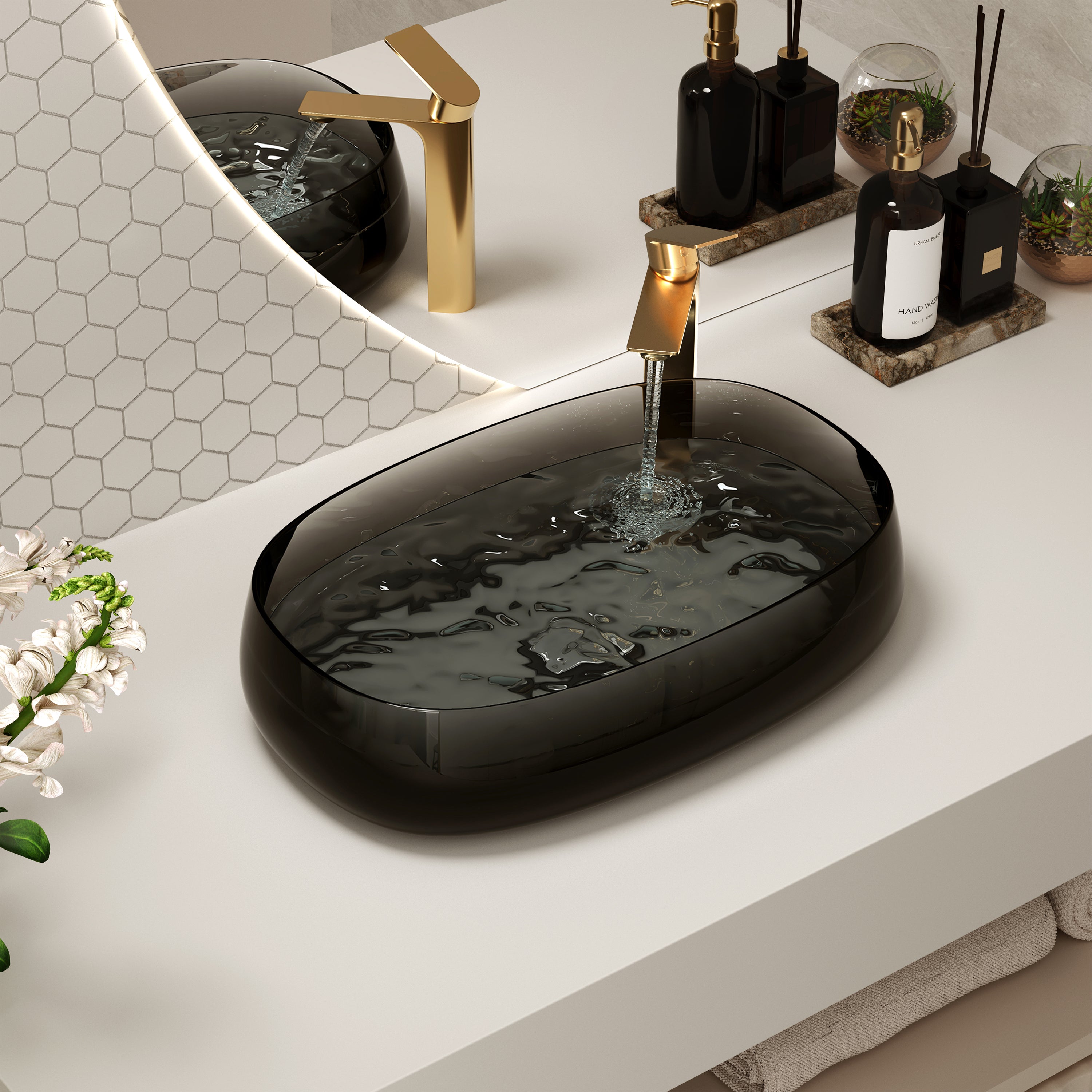 23" Oval Transparent Resin Bathroom Vessel Sink with Drainer