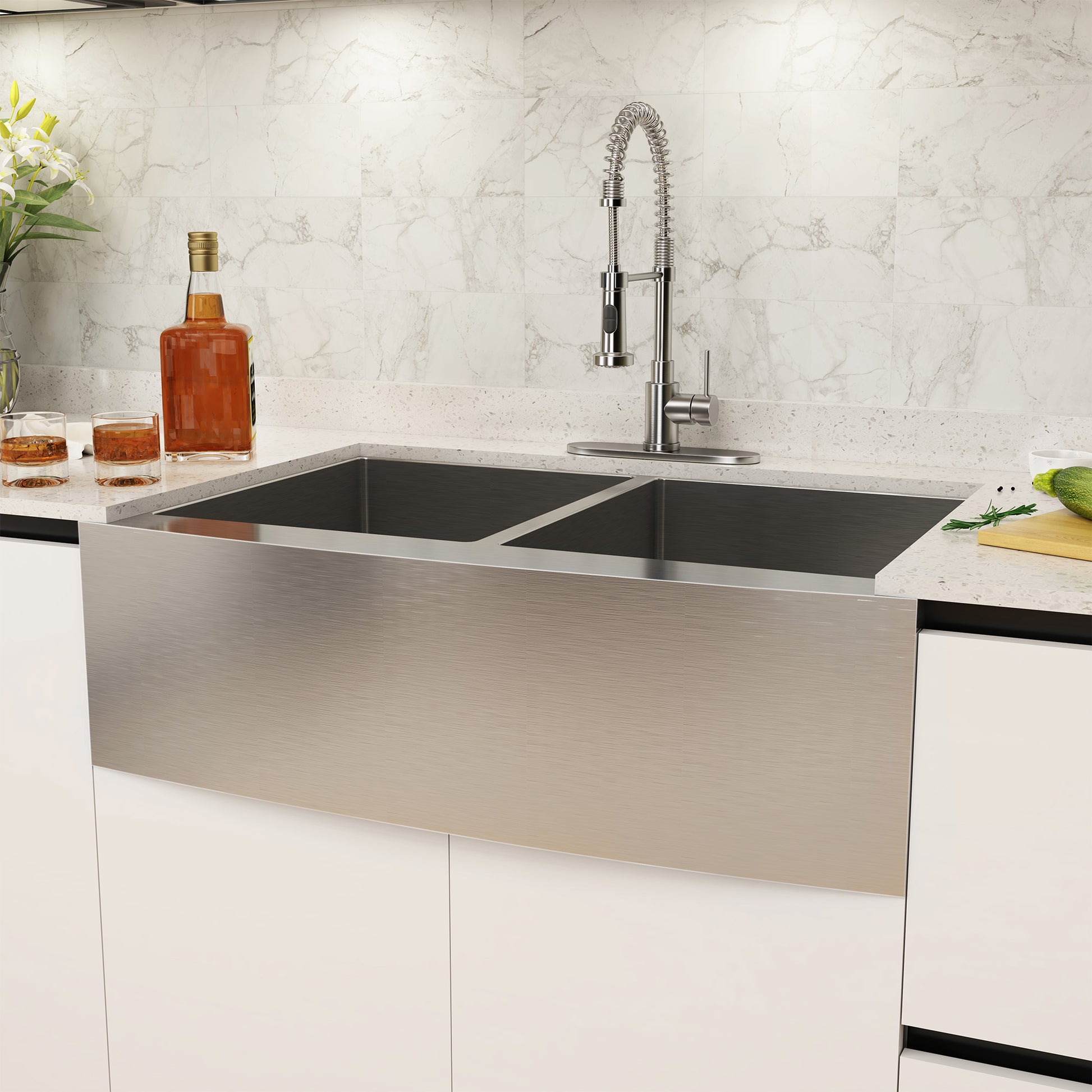 33 Inch Workstation Farmhouse Kitchen Sink Stainless Steel Apron Front Double Bowl Sink Basin