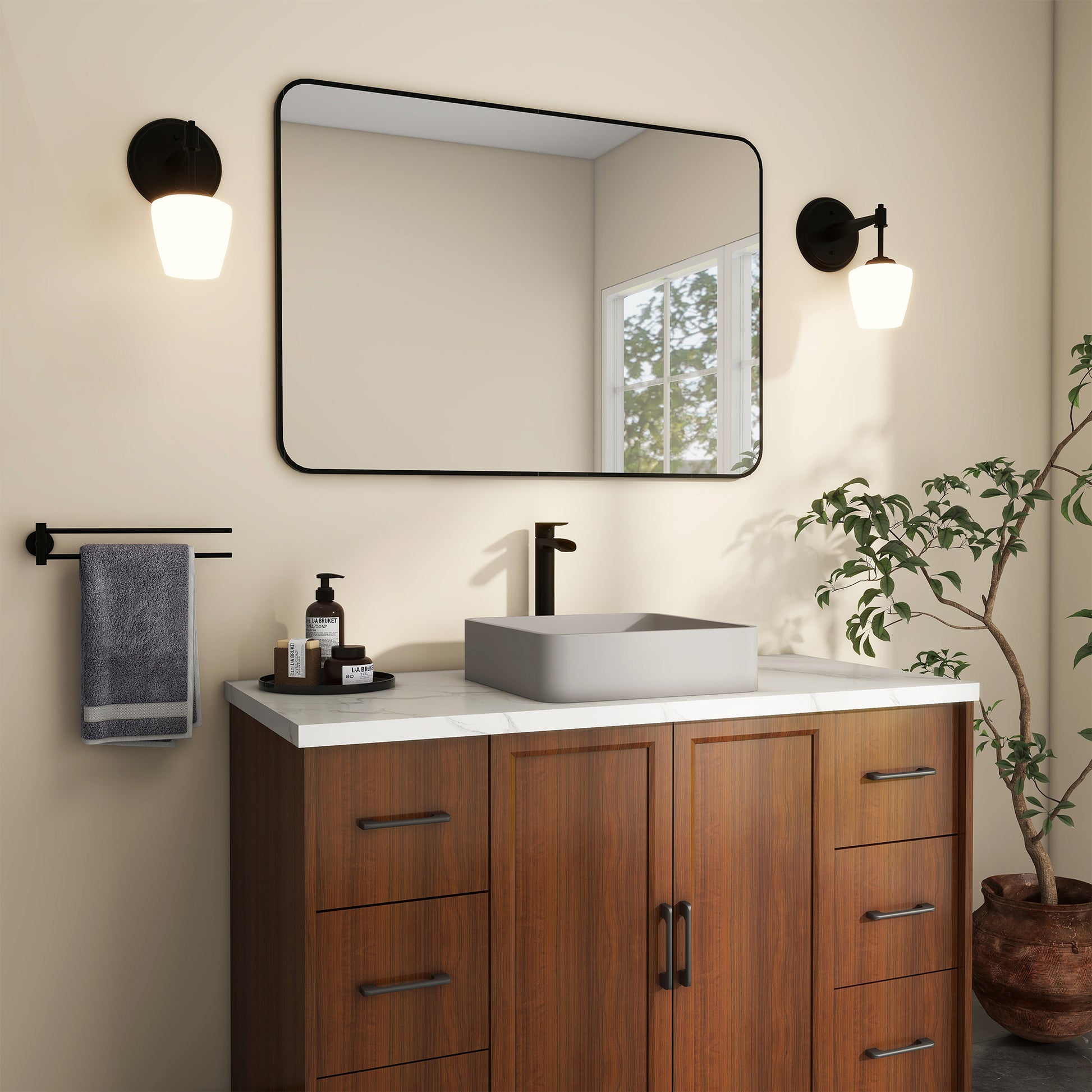 15in Bathroom Concrete Square Vessel Sink with Drainer in Mottled Bluish Grey / Cold Concrete Grey / Taupe Clay