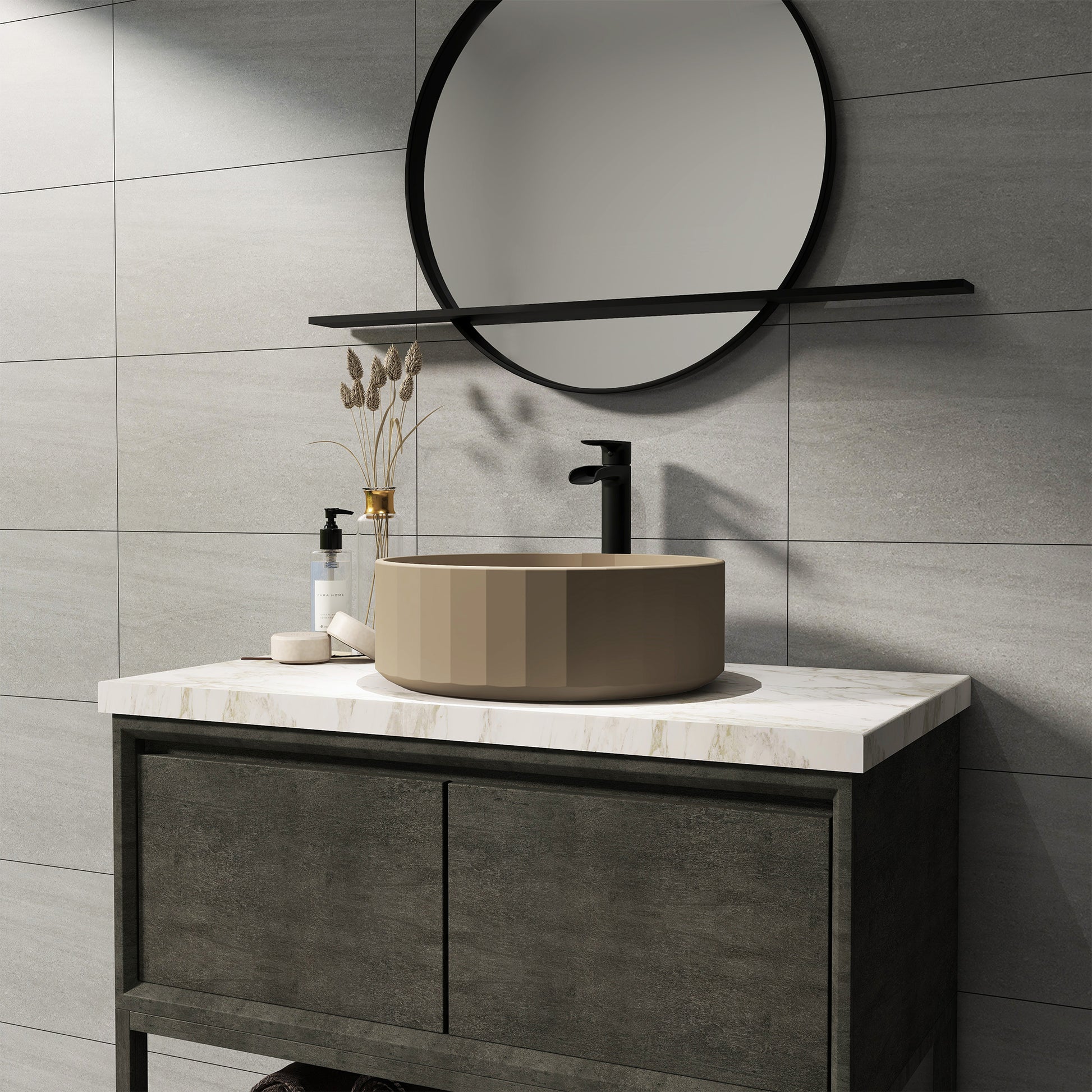 17in Bathroom Concrete Round Vessel Sink with Drainer in Black Earth / Mottled Bluish Grey / Taupe Clay