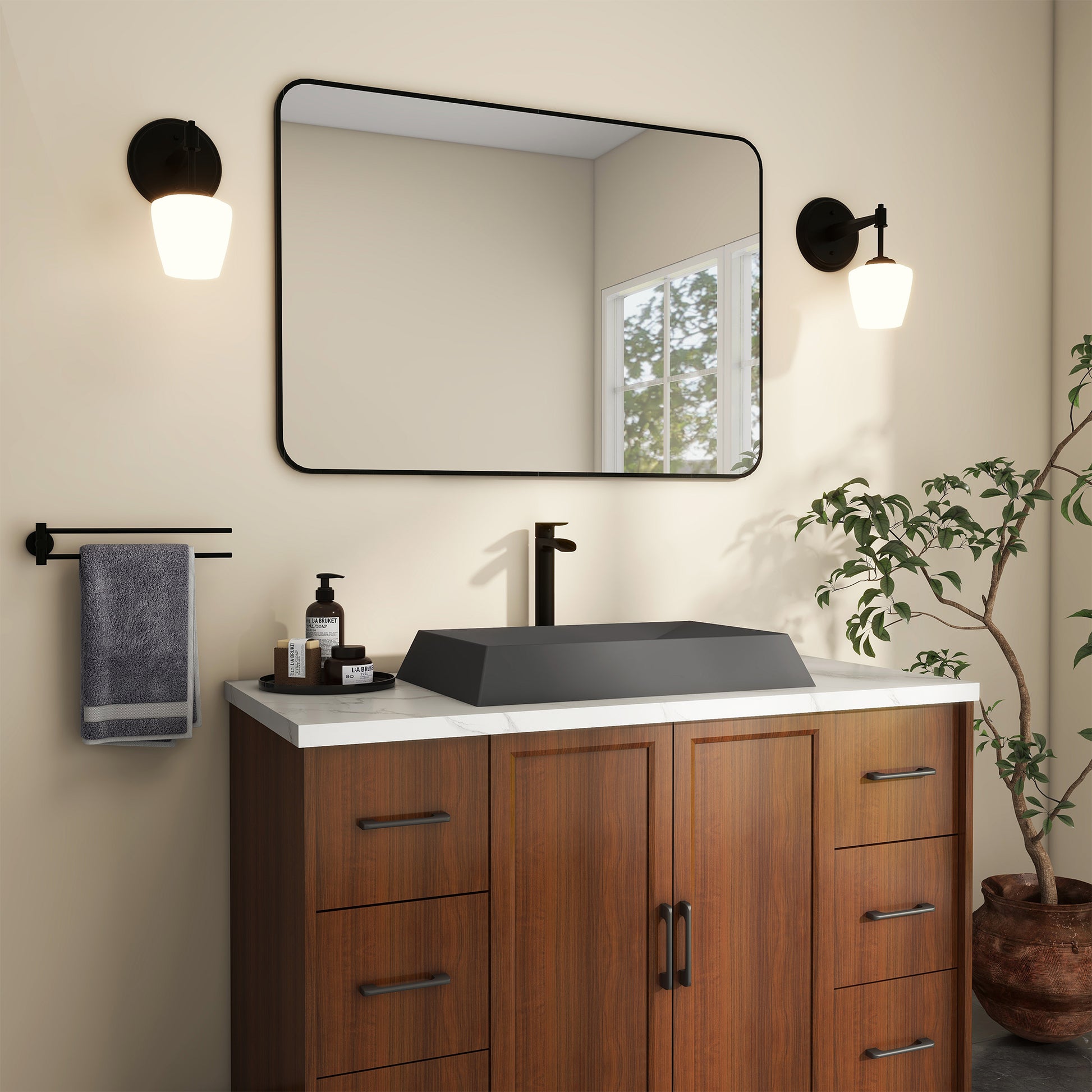 27in Bathroom Concrete Rectangular Vessel Sink with Drainer in Mottled Bluish Grey / Black Earth / Taupe Clay