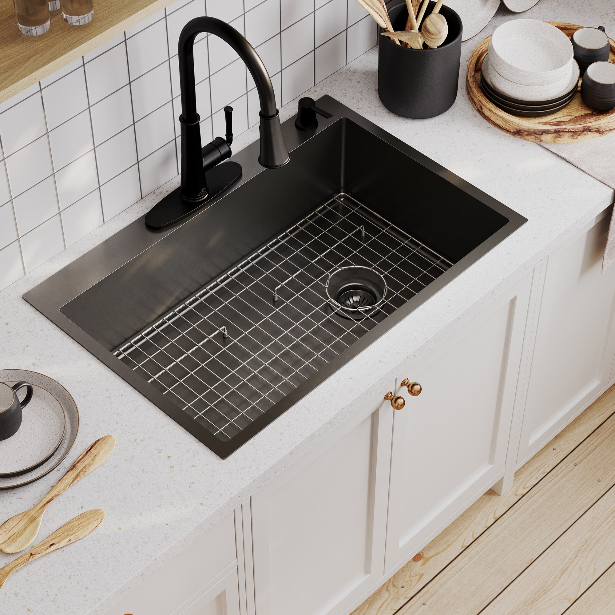 Drop-In Stainless Steel 33-inch 1-Hole Single Bowl Kitchen Sink in Nano PVD Gun Gray