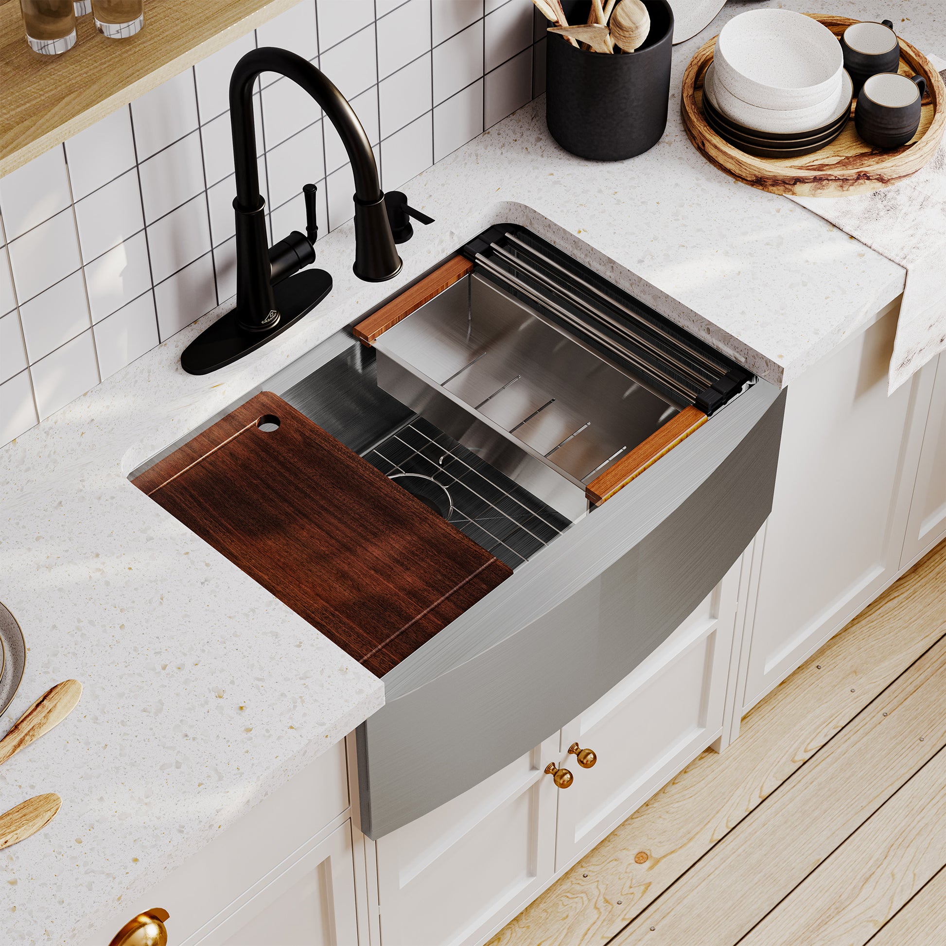 6PCS Farmhouse Stainless Steel 30/33/36 inch Single Bowl Kitchen Sink in Brushed 