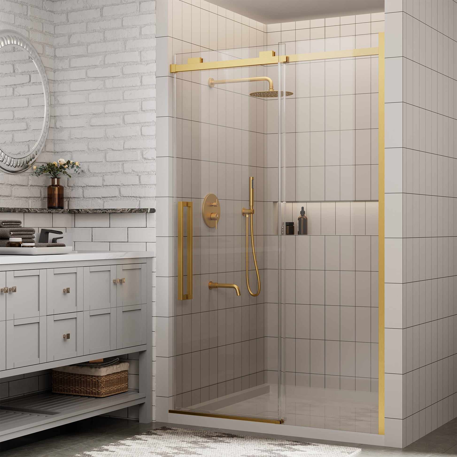 48"x76" Frameless Shower Door with Cushioned Single Slide in Brushed Nickel/Chromed/Matte Black/Brushed Gold, 0.39 inch SGCC-certified Tempered Shower Glass