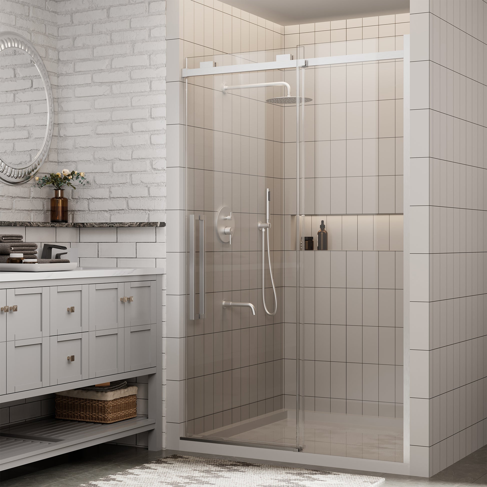 48"x76" Frameless Shower Door with Cushioned Single Slide in Brushed Nickel/Chromed/Matte Black/Brushed Gold, 0.39 inch SGCC-certified Tempered Shower Glass