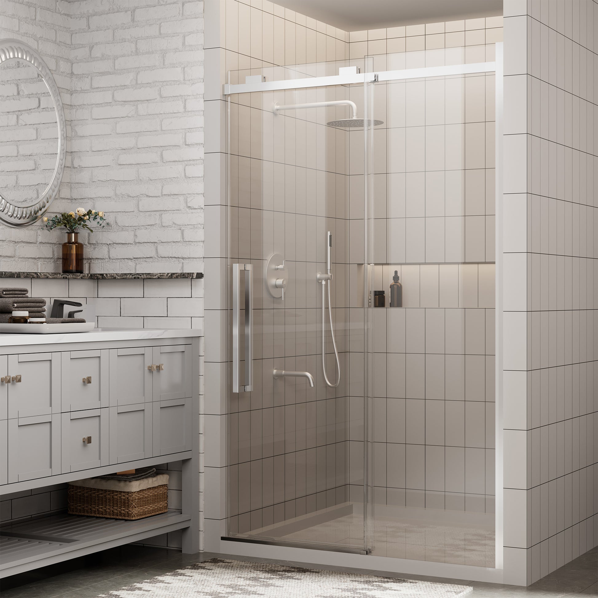 48"x76" Frameless Shower Door with Cushioned Single Slide in Brushed Nickel/Chromed/Matte Black/Brushed Gold, 0.39 inch SGCC-certified Tempered Shower Glass