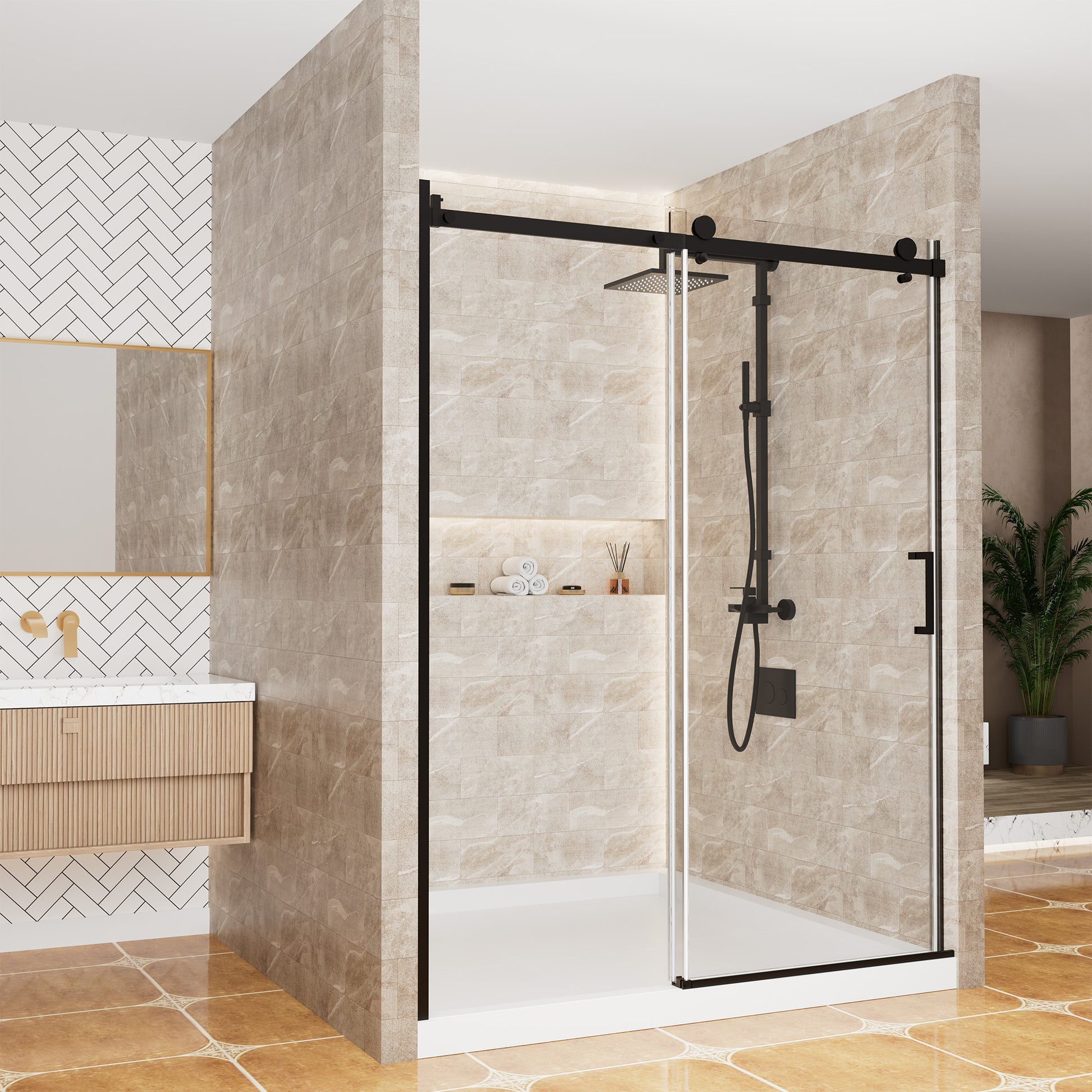 60 in. W x 76 in. H Framed Shower Door in Matte Black with Tempered Glass