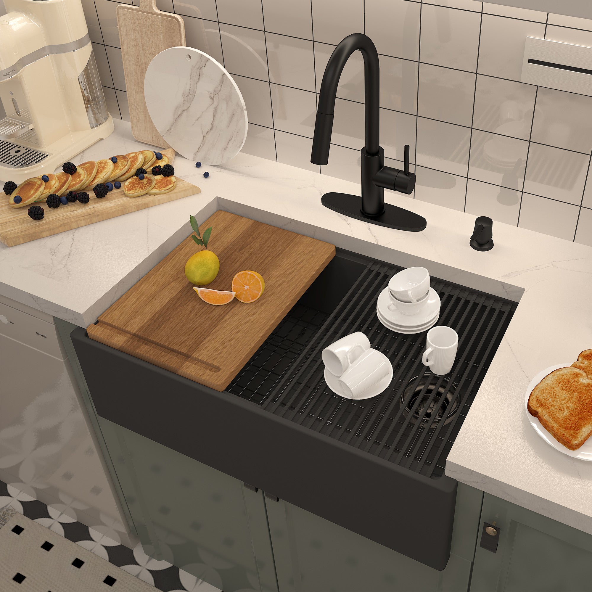 Concrete 30 in. Single Bowl Farmhouse Apron Kitchen Sink with Cutting Board, Rolling Drying Rack, Grid and Drainer Black Earth/Cold Concrete Grey