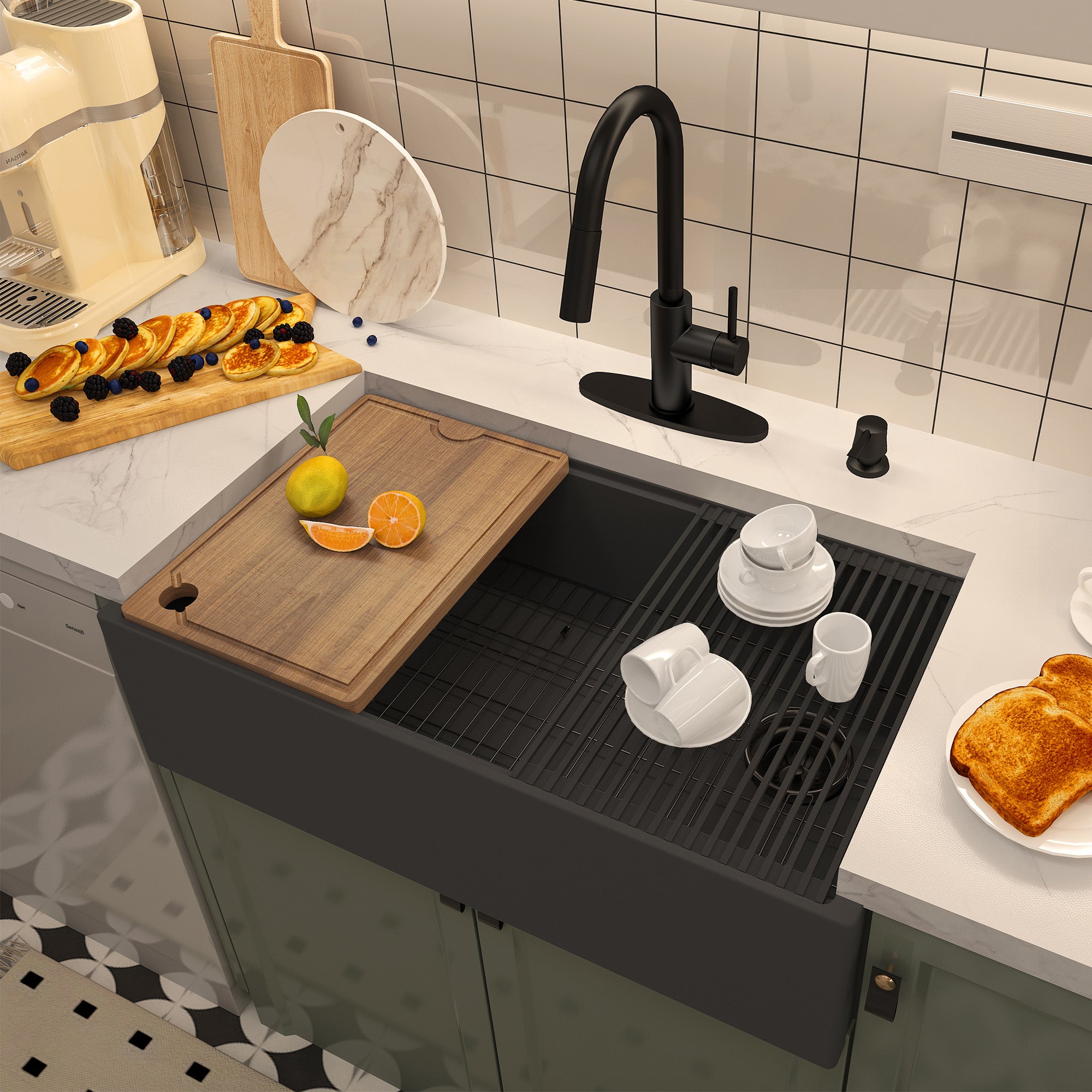 Concrete 33 in. Single Bowl Farmhouse Apron Kitchen Sink with Cutting Board, Rolling Drying Rack, Grid and Drainer Black Earth/Cold Concrete Grey